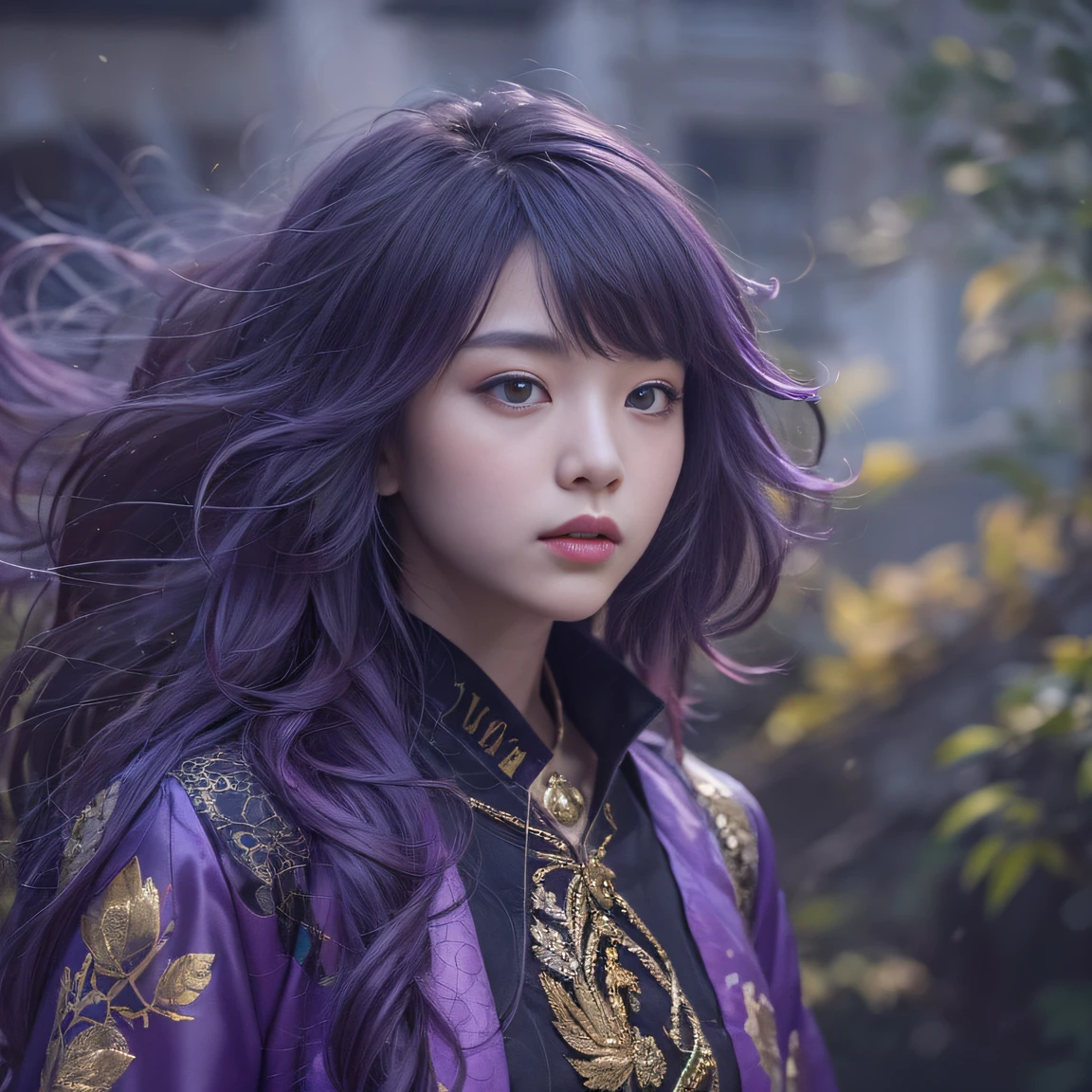 Genki Girl 32K（tmasterpiece，k hd，hyper HD，32K）Long flowing bright purple hair，Autumn Pond，zydink， a color， Asian people （Genki girl）， （Silk scarf）， Combat posture， looking at the ground， long whitr hair， Floating bright purple， Fire cloud pattern gold tiara， Chinese long-sleeved gold silk garment， （Abstract metaverse splash：1.2）， white backgrounid，Lotus vitality protector（realisticlying：1.4），Bright purple hair，Smoke on the road，The background is pure， A high resolution， the detail， RAW photogr， Sharp Re， Nikon D850 Film Stock Photo by Jefferies Lee 4 Kodak Portra 400 Camera F1.6 shots, Rich colors, ultra-realistic vivid textures, Dramatic lighting, Unreal Engine Art Station Trend, cinestir 800，A girl with long flowing bright purple hair