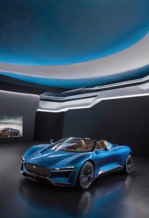 color photo of: a futuristic luxury car at an exhibition,

a sleek metallic body shimmering under the

spotlights,

glistening chrome accents highlighting its elegant curves,

meticulously crafted LED headlights

illuminating the surroundings,

the iconic ...