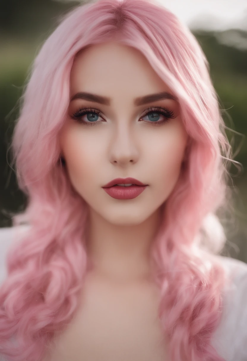 A woman with pink hair and blue eyes wearing a white shirt - SeaArt AI