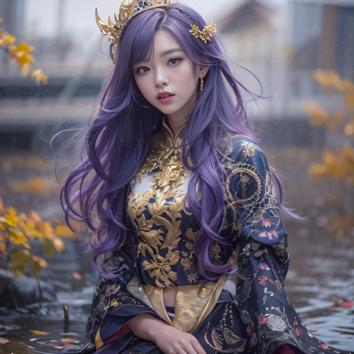 Genki Girl 32K（tmasterpiece，k hd，hyper HD，32K）Long flowing bright purple hair，Autumn Pond，zydink， a color， Asian people （Genki girl）， （Silk scarf）， Combat posture， looking at the ground， long whitr hair， Floating bright purple， Fire cloud pattern gold tiara， Chinese long-sleeved gold silk garment， （Abstract metaverse splash：1.2）， white backgrounid，Lotus vitality protector（realisticlying：1.4），Bright purple hair，Smoke on the road，The background is pure， A high resolution， the detail， RAW photogr， Sharp Re， Nikon D850 Film Stock Photo by Jefferies Lee 4 Kodak Portra 400 Camera F1.6 shots, Rich colors, ultra-realistic vivid textures, Dramatic lighting, Unreal Engine Art Station Trend, cinestir 800，A girl with long flowing bright purple hair