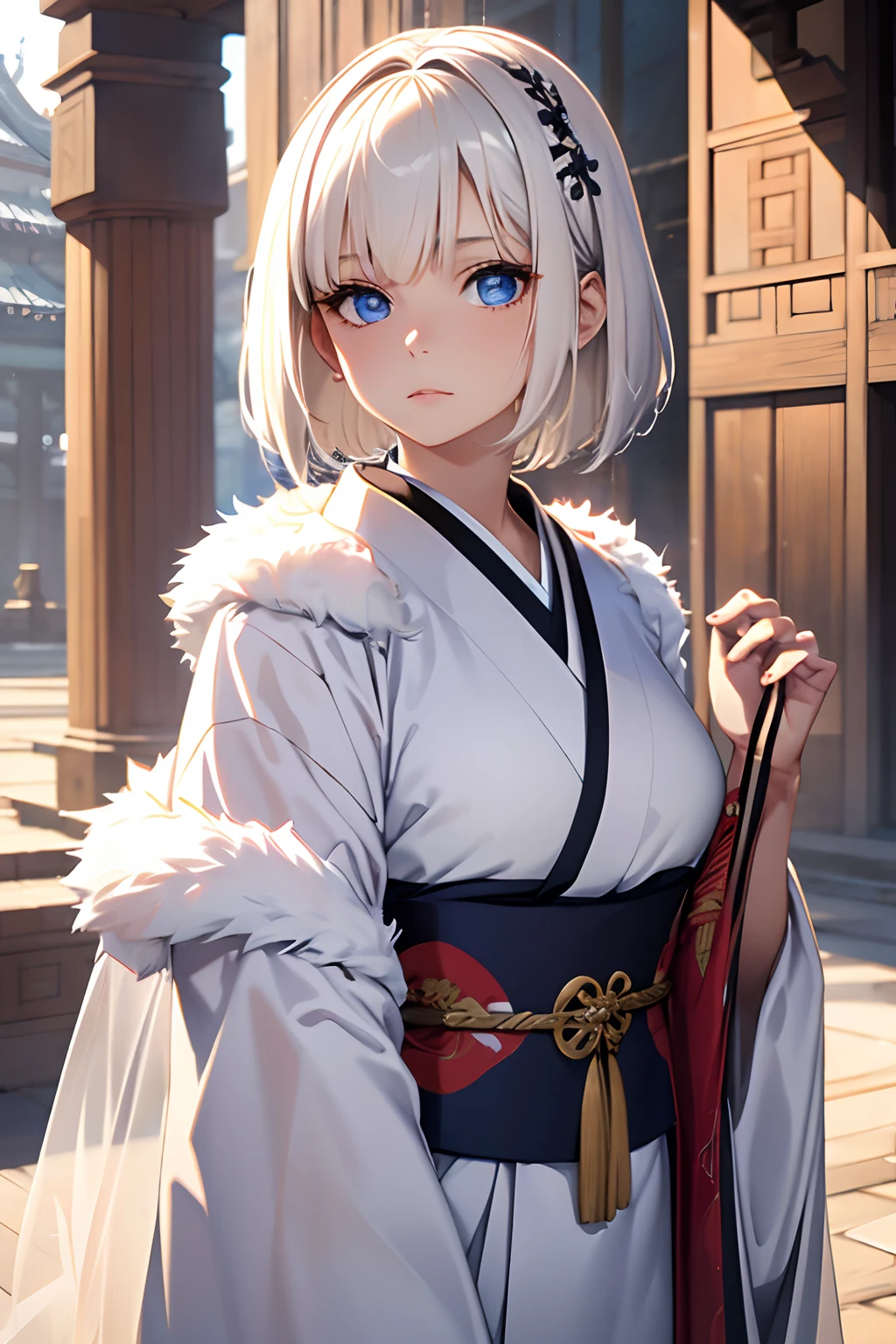 Bruleukun, Best Quality, portlate, Original outfit, Hanfu, clear details, masutepiece, Best Quality, clear details, 1girl in, palace background, Blue eyes, Platinum Blonde Hair, Short hair, Big eyes, White kimono, Fur cloak without emotional expression