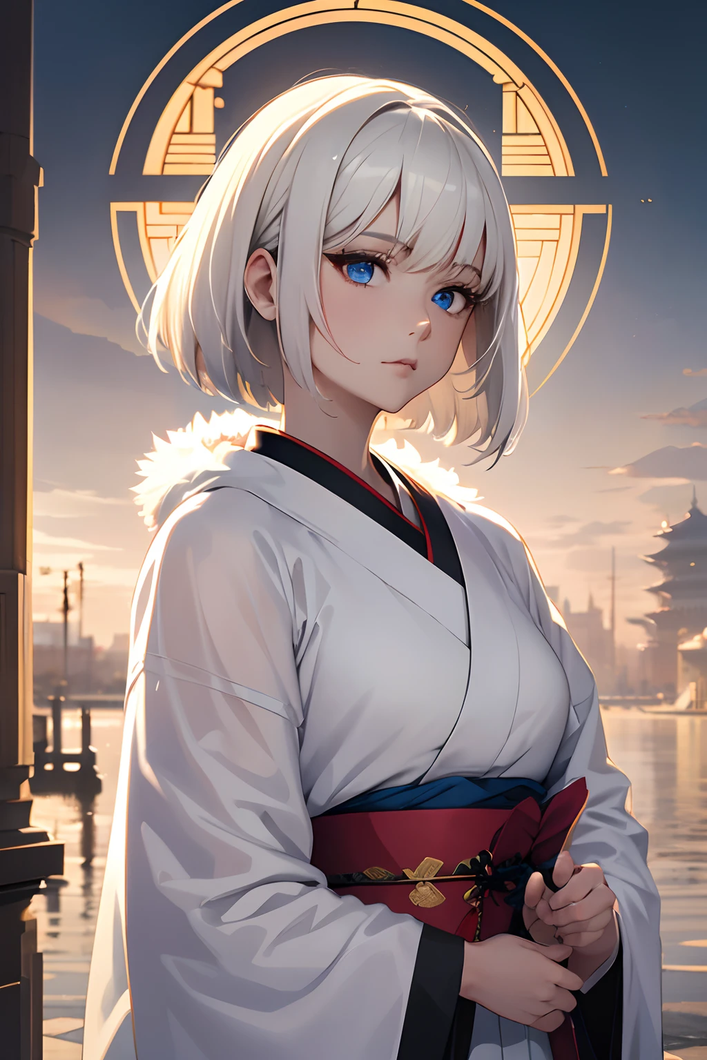 Bruleukun, Best Quality, portlate, Original outfit, Hanfu, clear details, masutepiece, Best Quality, clear details, 1girl in, palace background, Blue eyes, Platinum Blonde Hair, Short hair, Big eyes, White kimono, Fur cloak without emotional expression