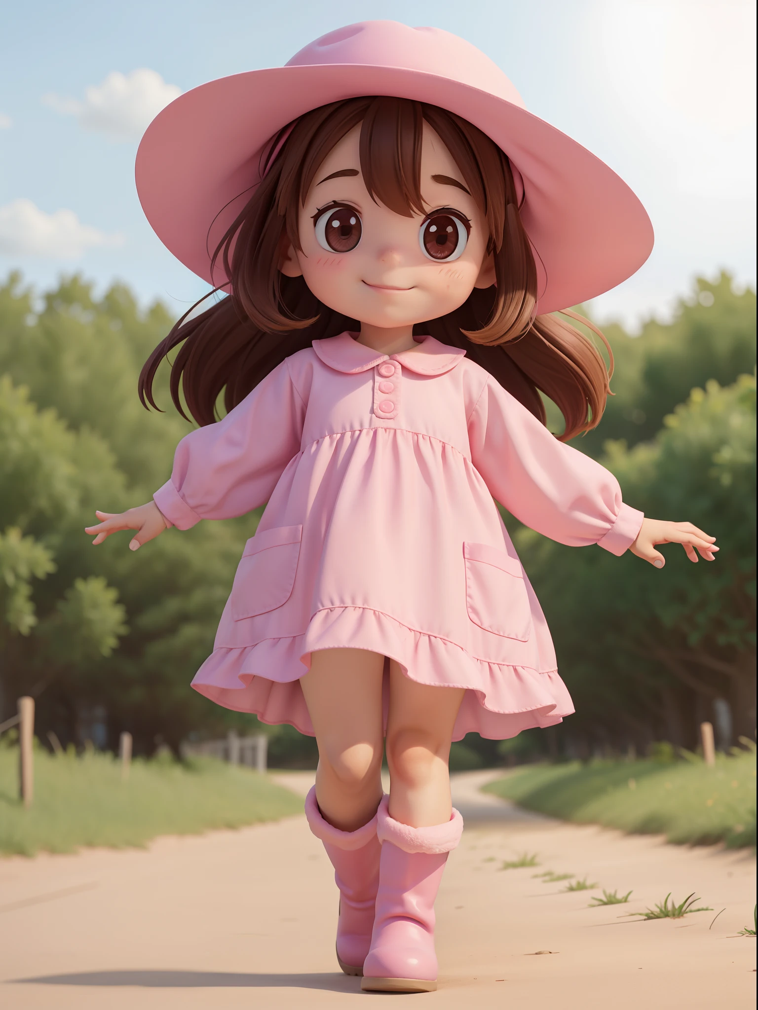 "Create 6 consecutive frames of a little girl walking, character animation frames, with an identical design of the character in each frame. The little girl is alone, happy, with brown hair, brown eyes, rosy cheeks, wearing a pink farm outfit, a pink hat, pink boots, and a white background."