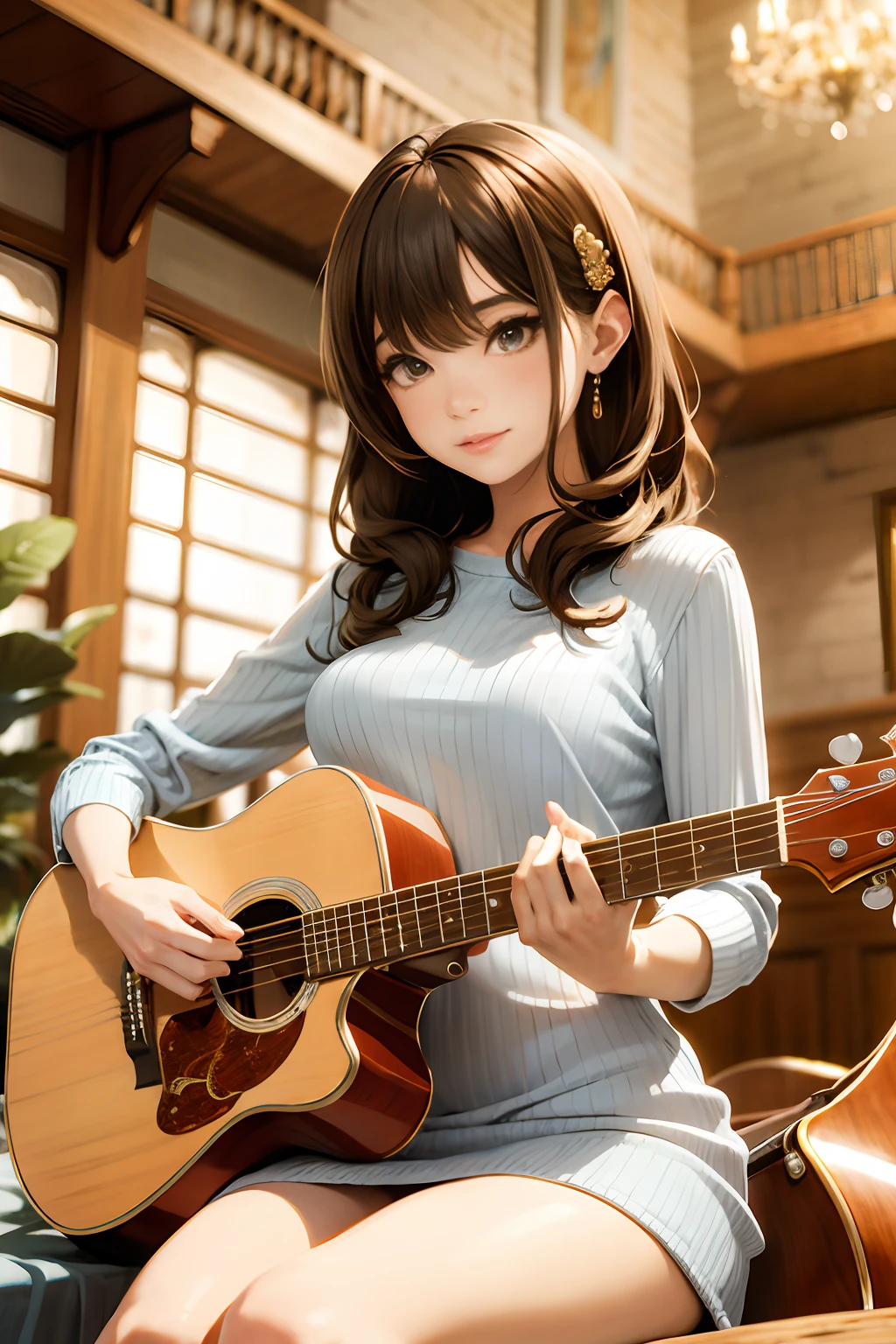 A girl playing guitar in an orchestra hall, creating a masterpiece. The artwork showcases the best quality with stunning details in an 8k resolution. The flute is the center of attention, intricately designed to capture every detail, from the delicate keys to the smooth curves. The girl's fingers gracefully move along the instrument, producing enchanting melodies that fill the grand hall. The scene is bathed in soft, warm lighting, enhancing the ambiance and creating a sense of awe. The art style is realistic, capturing the girl's expression and the intricate details of her face, especially her beautiful, focused eyes and lips. The background features other musicians playing their instruments, adding depth and immersing the viewers in the orchestra's mesmerizing performance. The colors are vivid and harmonious, painting a vibrant picture of the musical experience. The artwork evokes a sense of tranquility, inviting the viewers to immerse themselves in the magic of music through the girl and her flute.