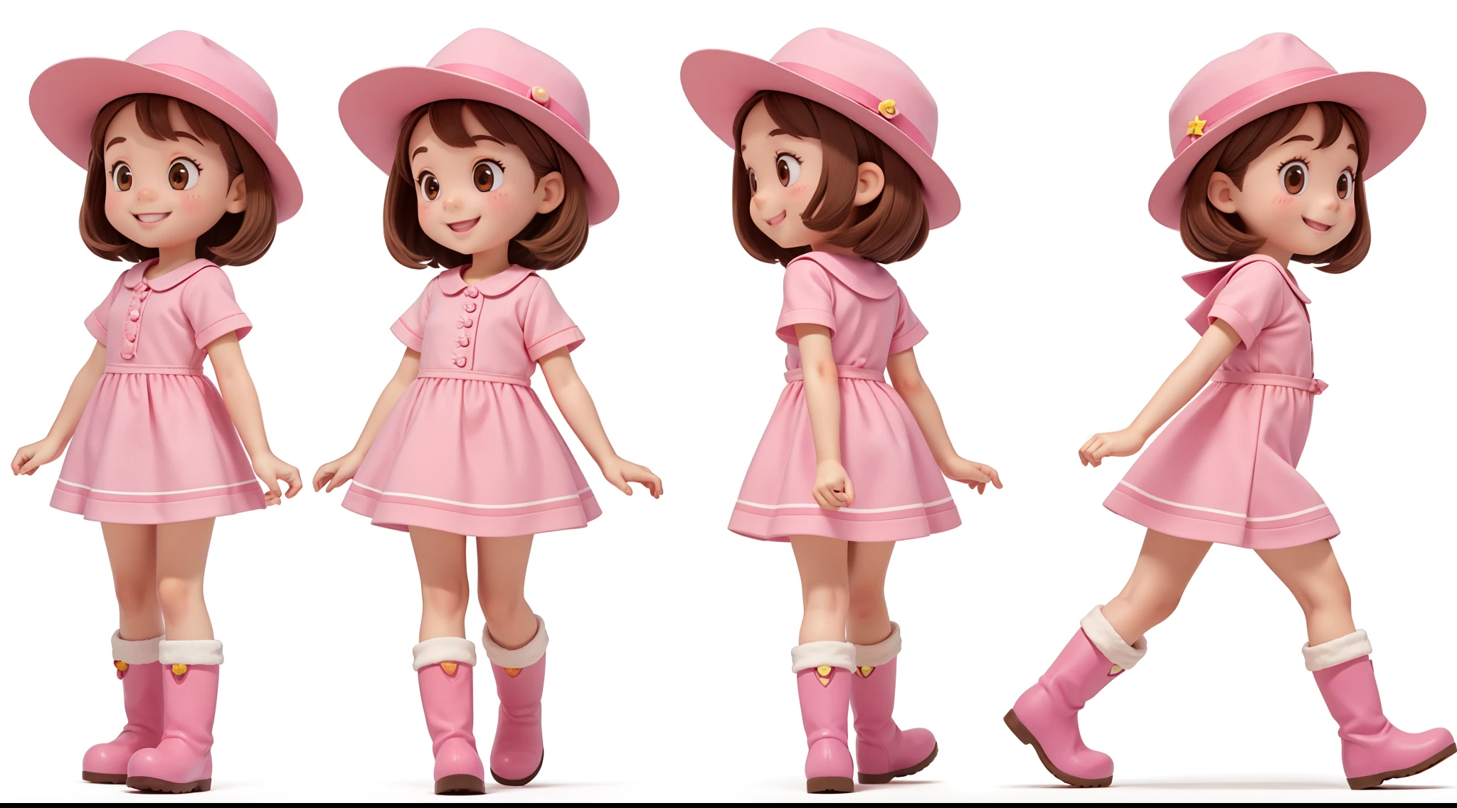 a little girl walking, character animation frames, with an identical design of the character in each frame. The  is alone, happy, with brown hair, brown eyes, rosy cheeks, wearing a pink farm outfit, a pink hat, pink boots, and a white background.