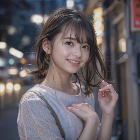 女の子1人、on tokyo street、A city scape、twilight townscape、Evening glow、The upper part of the body、a closeup、A smile、、(8K、Raw photogr...