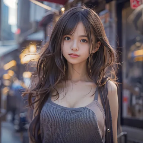 女の子1人、on tokyo street、A city scape、twilight townscape、Evening glow、The upper part of the body、a closeup、A smile、、(8K、Raw photogr...