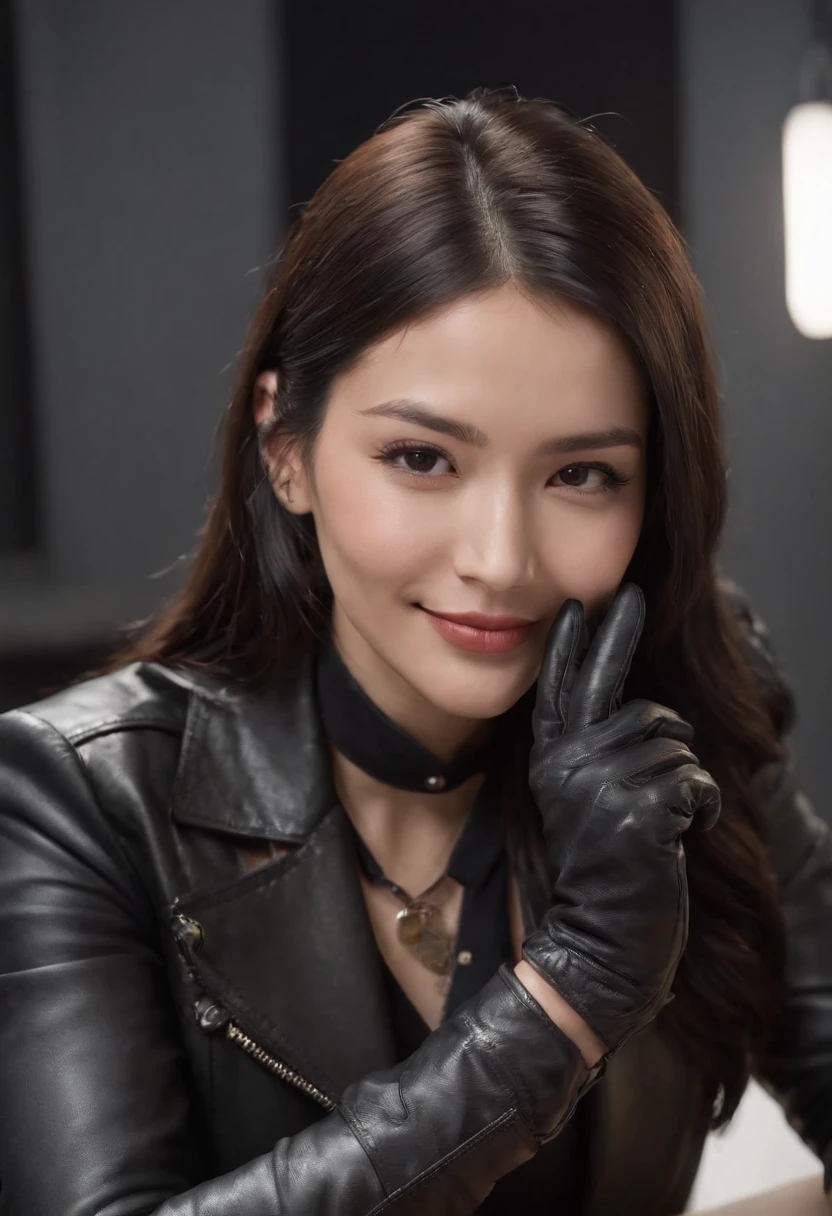 Wearing black leather gloves in both hands, upper body, black leather riders jacket, necklace on the chest, smiling at the desk in the modern study in the dark, long and straight black hair, young Japanese woman (black leather gloves covering both hands) with the fingers of black leather gloves, sitting on a leather chair, working on the computer, staring at the screen