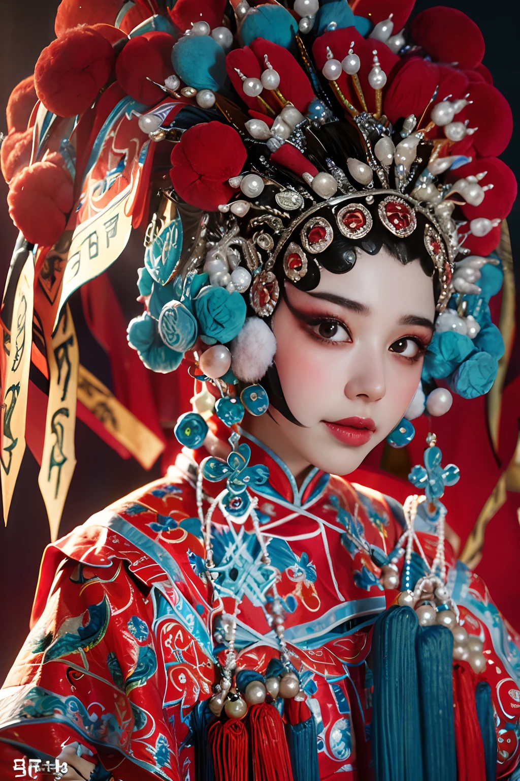 8K，RAW photos，best qualtiy，tmasterpiece，realisticlying，photograph realistic，ultra - detailed，
Close-up，A beautiful woman dressed in a Chinese Peking Opera costume stands on the stage，Close-up of holding a fan，looking at viewert， ssmile， From the front， CNOperaCrown， putting makeup on， head gear， （（（CNOperaFlag）））， The flag is from behind， Take it， The upper part of the body， nipple tassels，