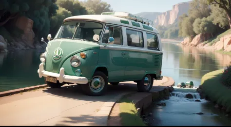 green and white car Kombi style van running passing next to a river,pixar disney cartoon style