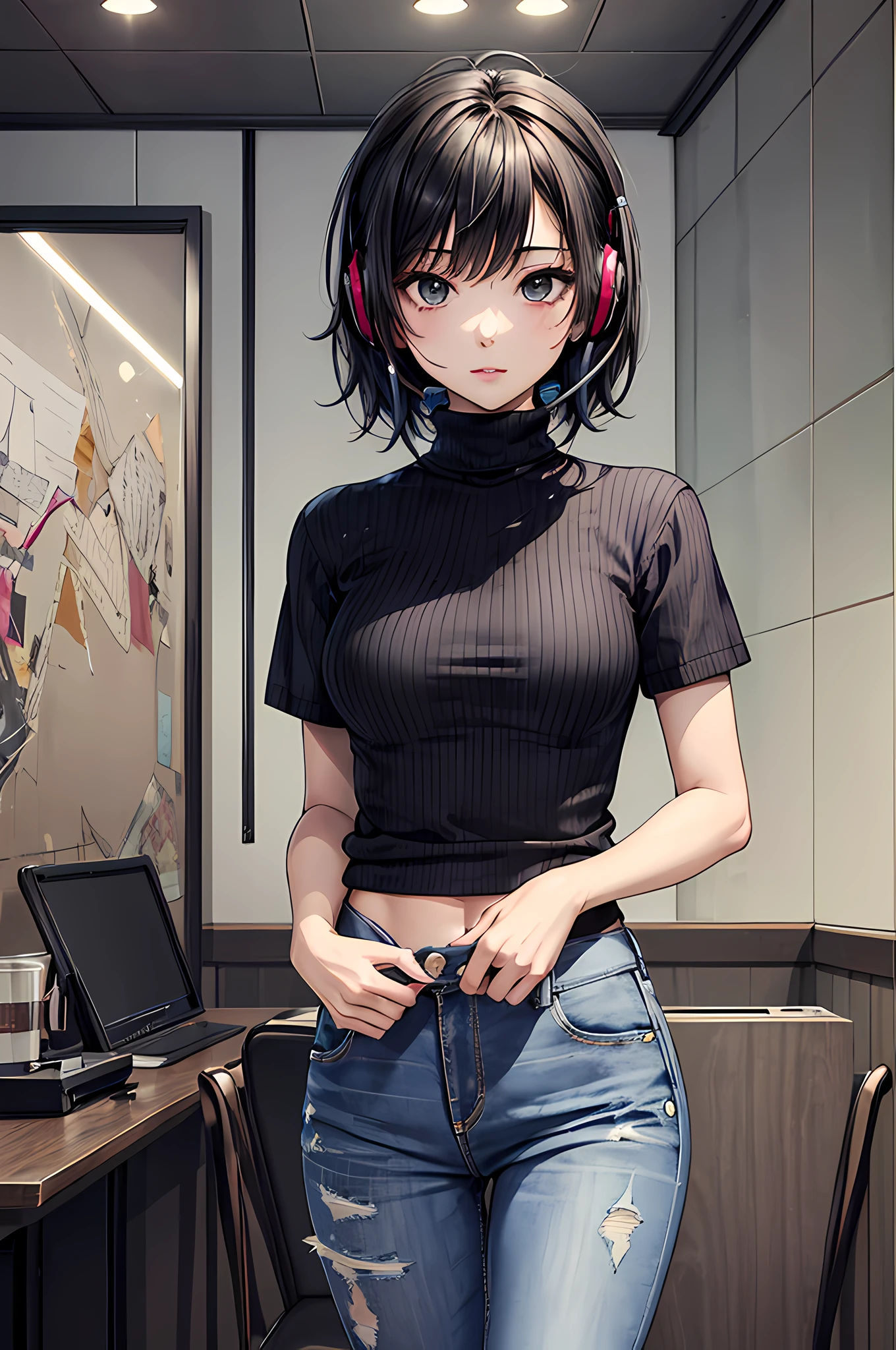 best quality,masterpiece,original,extremely detailed wallpaper,looking at viewer,1girl,solo,black hair,messy hair,bob hair,crop_sweater, demin jeans,turtleneck,headset,standing,short sleeves,