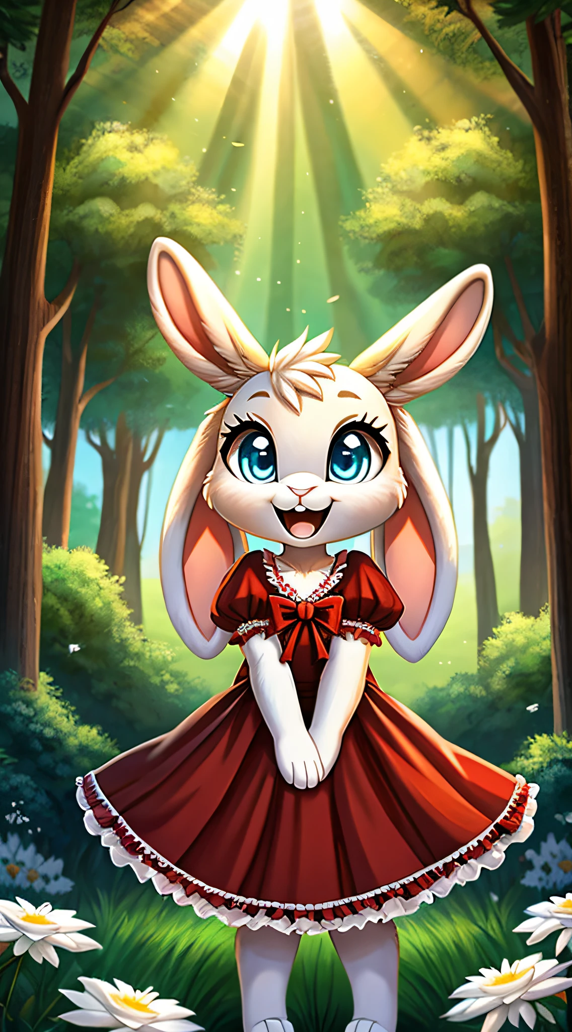 zoomed out image, fantasy style art, cute, adorable, short character, small, tiny little fluffy female white bunny with blue eyes, 4 ears, 2 extra ears, big floppy ears, long ears, ears perked up, raised ears, long eyelashes, poofy rabbit tail, wearing a red frilly ribbon dress, smiling, standing in a forest, big expressive smile, open mouth, wide eyes, excited eyes, excited face, stunning visuals, sunlight coming through the trees, white flowers scattered in the bushes, digital illustration