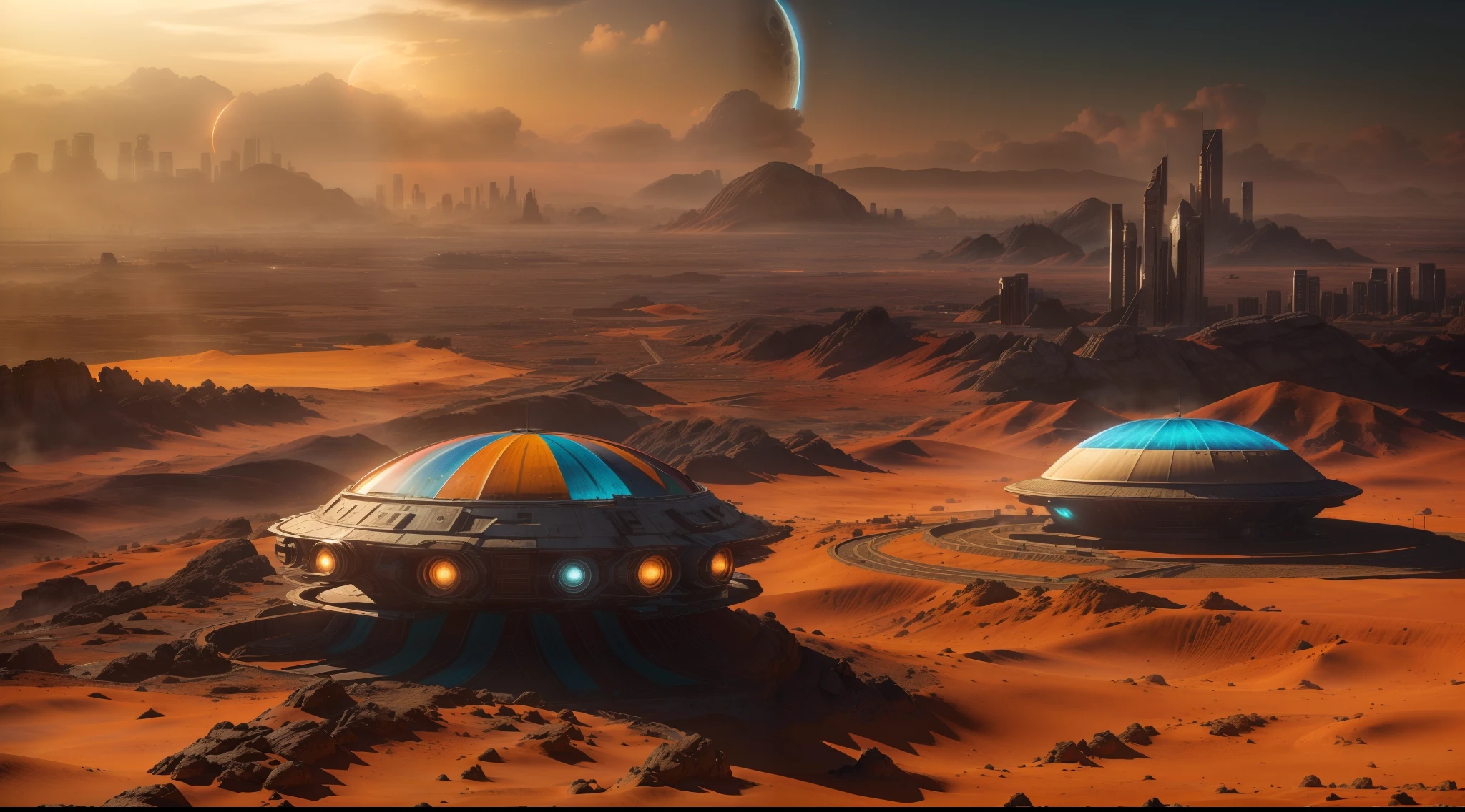 A wide landscape photo, pan, (view from afar, The sky is above and the open field is below), in the distance a large futuristic city on Mars, city cyberpunk, Spaceships fly over the city, (fullmoon: 1,2), dim sky, dark starry night, (Meteor: 0,9), (nebula: 1,3 ), distant mountains , sand dunes, (warm light: 1.2), (stele: 1.2), lights, lot of purple and orange, details Intricate, volumetric lighting BREAK (Masterpiece artwork: 1.2), (best qualityer), (extremely detailed 8k wallpaper), photo realism, octane render, NVIDIA ray tracing, 4K, ultra detaild, (dynamic compositing: 1.4), Rich in Details and Color, (rainbow color: 1.2), (sheen, Atmospheric Illumination), dreamy, magica.