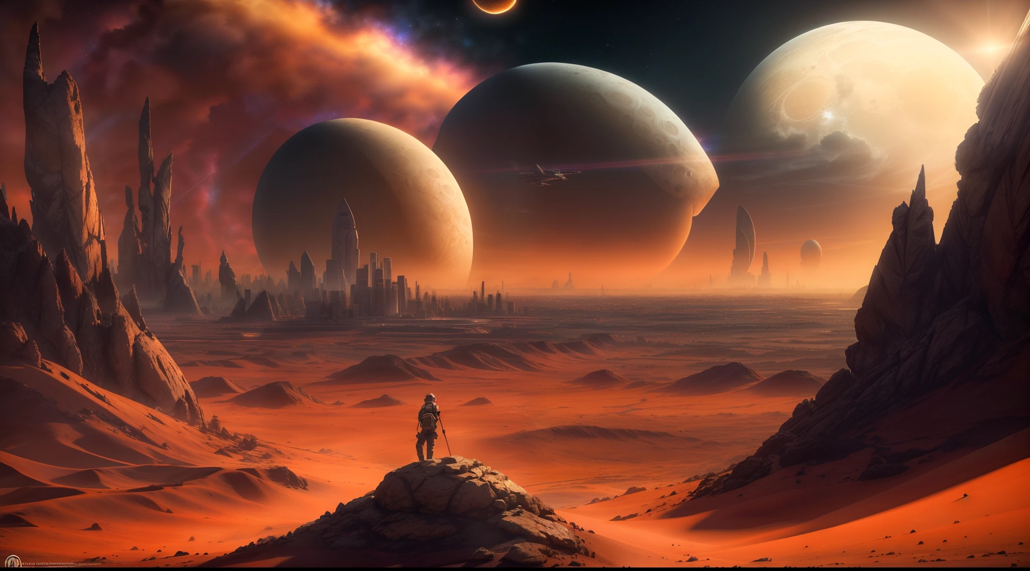 A wide landscape photo, pan, (view from afar, The sky is above and the open field is below), in the distance a large futuristic city on Mars, city cyberpunk, Spaceships fly over the city, (fullmoon: 1,2), dim sky, dark starry night, (Meteor: 0,9), (nebula: 1,3 ), distant mountains , sand dunes, (warm light: 1.2), (stele: 1.2), lights, lot of purple and orange, details Intricate, volumetric lighting BREAK (Masterpiece artwork: 1.2), (best qualityer), (extremely detailed 8k wallpaper), photo realism, octane render, NVIDIA ray tracing, 4K, ultra detaild, (dynamic compositing: 1.4), Rich in Details and Color, (rainbow color: 1.2), (sheen, Atmospheric Illumination), dreamy, magica.