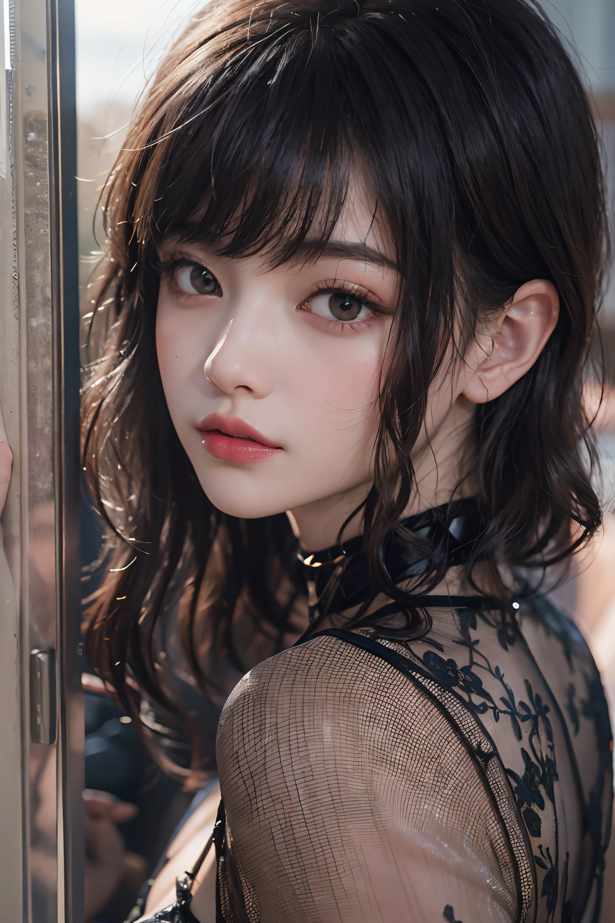realisitic、8K UHD、hight resolution、(Photoreal Stick:1.2)、(1girl in)、((profile))、(profile)、(black hair shorthair)、((Knee shot))、(High quality shadows)、Detail Beautiful delicate face、Detail Beautiful delicate eyes、in her 20s、(A dark-haired)Pretty Kpop Girl、(Korean Urzan Face)、(ulzzang -6500-v1.1:0.6)、pureerosface_v1、gloweyes、perfectbody、 Incredible dynamic range photography(UTIL_Art by Smoose-768:1.1), teak、Bright red lipstick、Glossy lips、Natural color reproduction、((strong lights))、((profile))、(a choker)、((Brown eyes))、((Beautiful Finger))、(Pattsun bangs)、(bangss)、 Shiny hair、Description beautiful delicate hair、(Lustrous skin)、(Black see-through dress)、(Black shortcuts)、(early evening)、(Through the window)、(Inorganic concrete chamber)、(Background blur)、