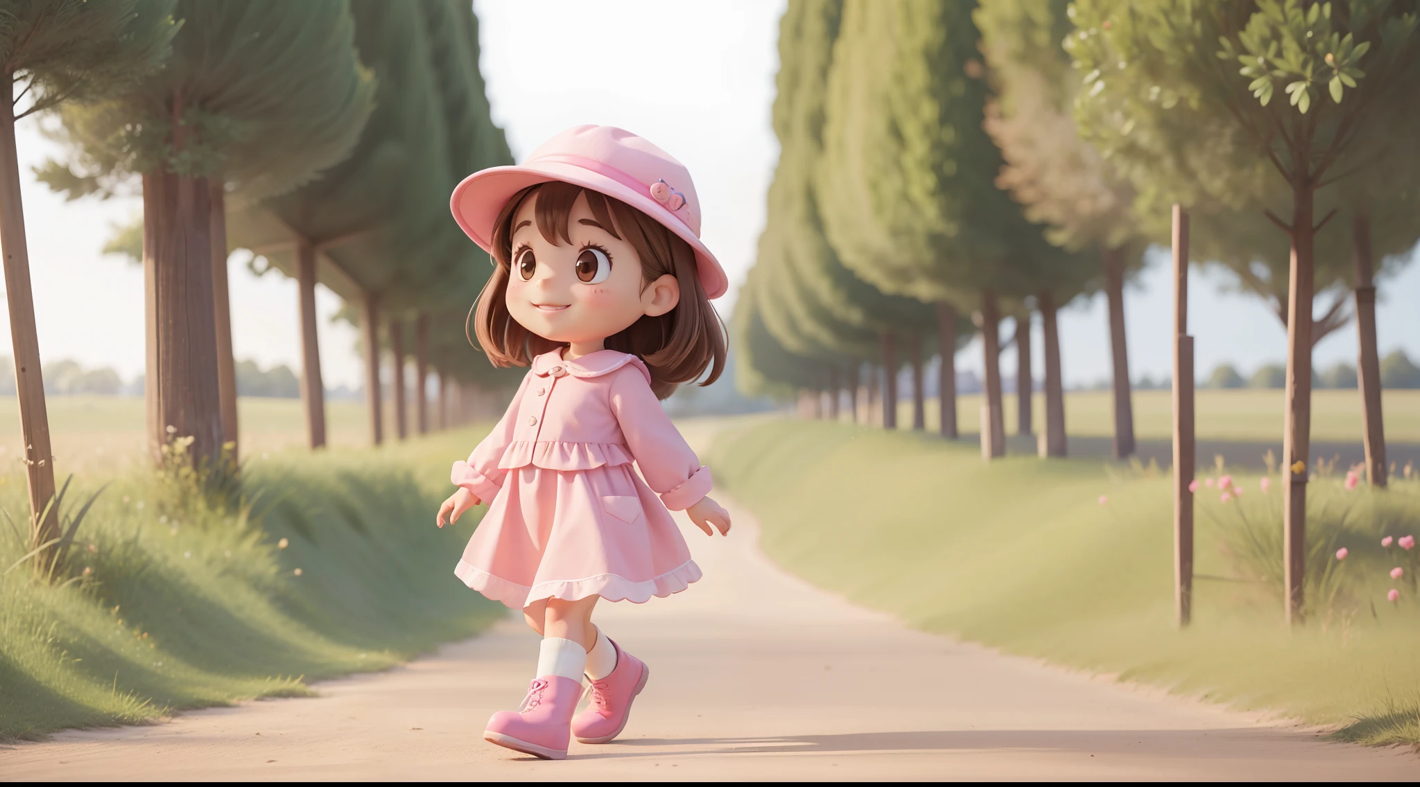 "Profile picture of a  walking, character animation frames, identical character design in the frames, the girl is alone, happy, brown hair, brown eyes, rosy cheeks, pink farm outfit, pink hat, pink boots, vertical image, white background."