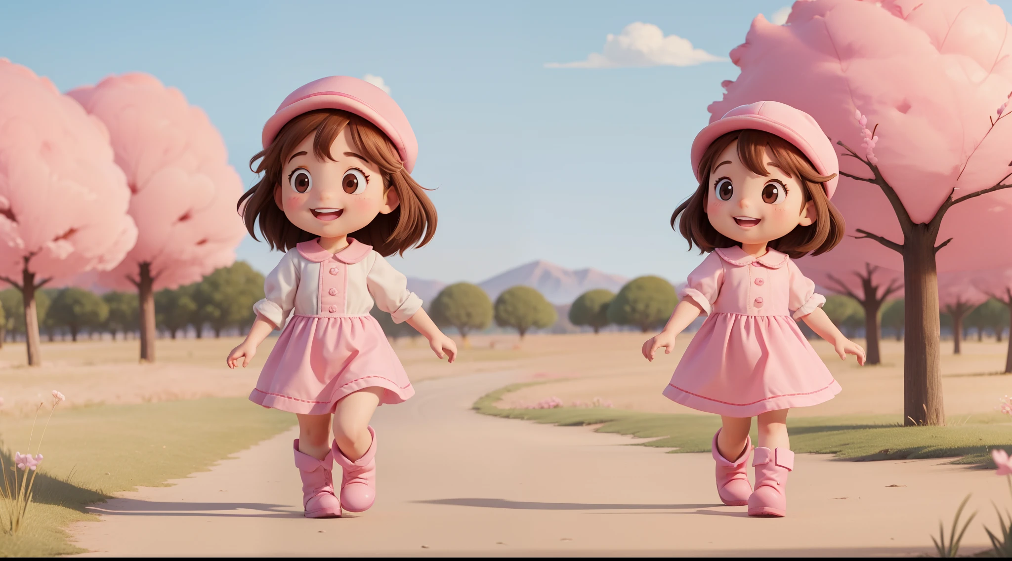 "Profile picture of a  walking, character animation frames, identical character design in the frames, the girl is alone, happy, brown hair, brown eyes, rosy cheeks, pink farm outfit, pink hat, pink boots, vertical image, white background."