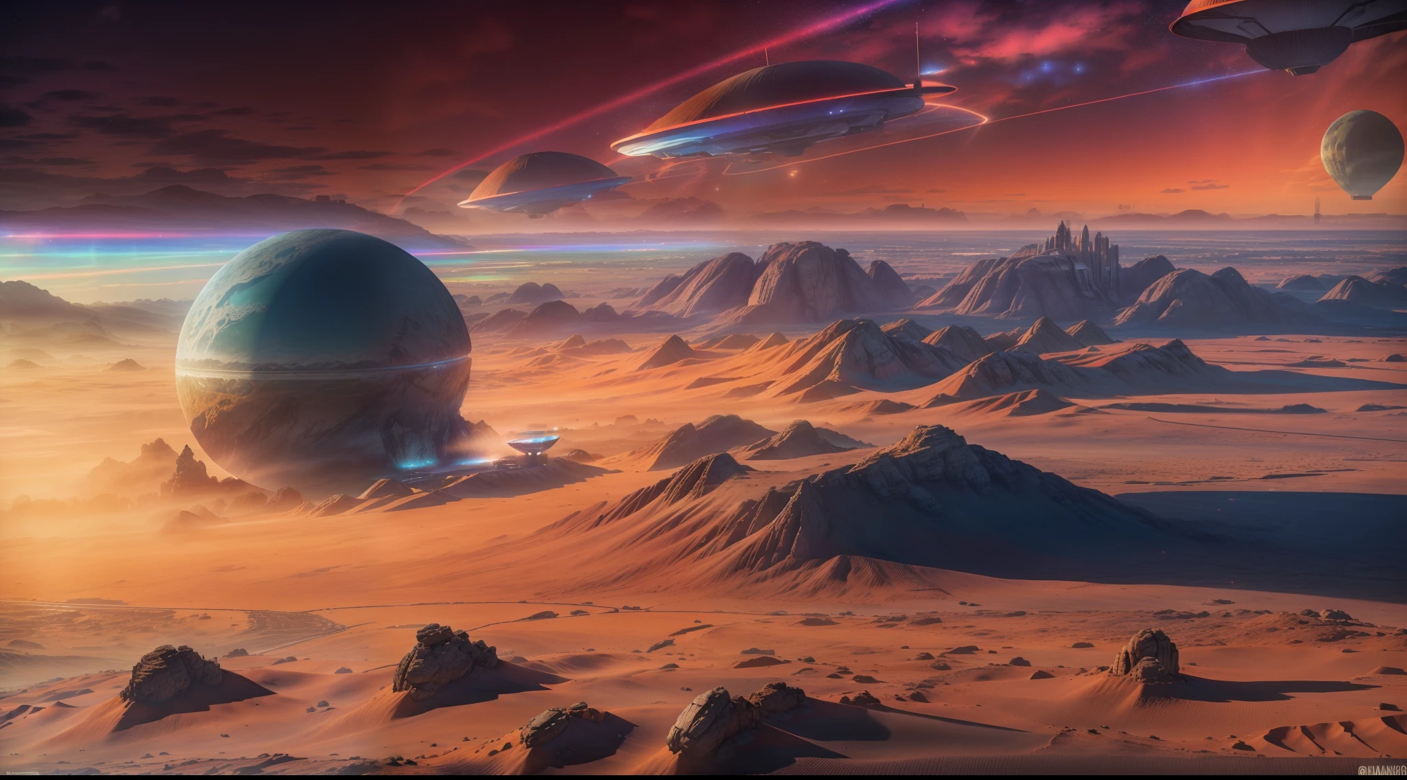 A wide landscape photo, pan, (view from afar, The sky is above and the open field is below), in the distance a large futuristic city on Mars, city cyberpunk, Spaceships fly over the city, (fullmoon: 1,2), dim sky, dark starry night, (Meteor: 0,9), (nebula: 1,3 ), distant mountains , sand dunes, (warm light: 1.2), (stele: 1.2), lights, lot of purple and orange, details Intricate, volumetric lighting BREAK (Masterpiece artwork: 1.2), (best qualityer), (extremely detailed 8k wallpaper), photo realism, octane render, NVIDIA ray tracing, 4K, ultra detaild, (dynamic compositing: 1.4), Rich in Details and Color, (rainbow color: 1.2), (sheen, Atmospheric Illumination), dreamy, magica.