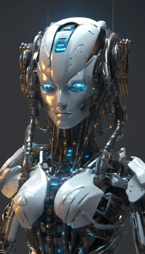 looking down on the camera，Focus full-body shots，Ask to draw the whole body，highly  detailed，Cyberpunk Style，She has six robotic arms，(Best quality,4K,A high resolution,Ultra-detailed:1.2),Vivid colors,Sharp focus,Physically-based rendering,Extreme detail ...