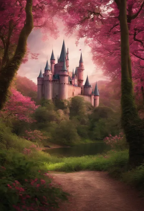 Fundo com castelo rosa , floresta, filme, infantil