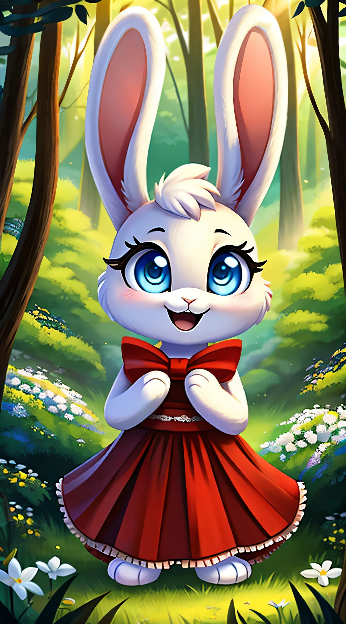 zoomed out image, fantasy style art, cute, adorable, short character, small, tiny little fluffy female white bunny with blue eyes, 4 ears, 2 extra ears, big floppy ears, long ears, ears perked up, raised ears, long eyelashes, poofy rabbit tail, wearing a red frilly ribbon dress, smiling, standing in a forest, big expressive smile, open mouth, wide eyes, excited eyes, excited face, stunning visuals, sunlight coming through the trees, white flowers scattered in the bushes, digital illustration