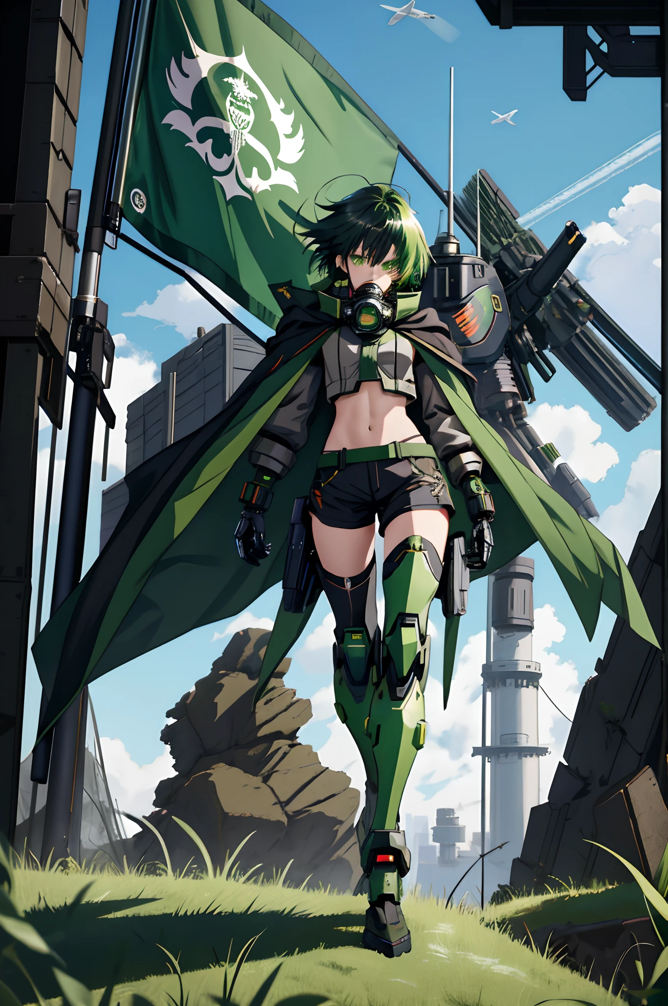 Anime girl standing on the ground，Black cape and green hair, rogue anime girl, the anime girl is crouching, Wearing a cloak on the blasted plain, asuka suit under clothes!, holy cyborg necromancer girl, badass posture, mechanic punk outfit, anime styled 3d, render of a cute 3d anime girl, gapmoe yandere grimdark, Female character，musculature，Glowing green eyes，Black hair with green gradient，short detailed hair，Bunched hair，Dull hair，（1.5）Tomboyish，Be red in the face，looking at viewert，There was a mech next to her，One-eyed mech，The mech extends its shield to protect her，Round shield，Humanoid mech，Elaborate Eyes，The left leg is mechanical，Combat posture，Green bandeau，Black hot pants，Tall girls，By mecha，Mermaid line，huge tit，1.5，Fluttering cape，Gas mask with mechanical wind，Take off your gas mask，Flag with coat of arms
