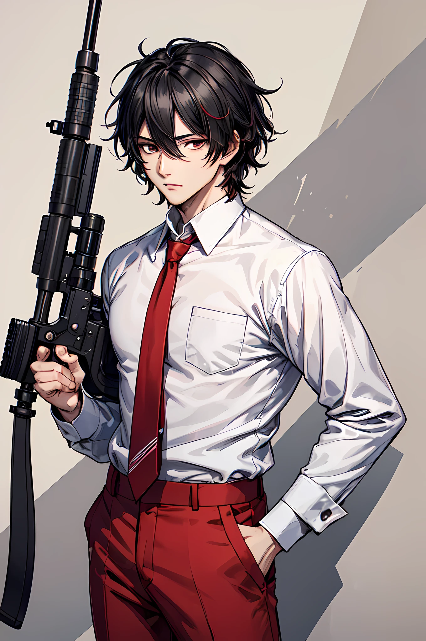 best quality,masterpiece,original,extremely detailed wallpaper,looking at viewer,1boy,solo,male,male focus,black hair,messy hair,hair between eyes,white shirt,red necktie,red pants,,standing,tiara,holding sniper