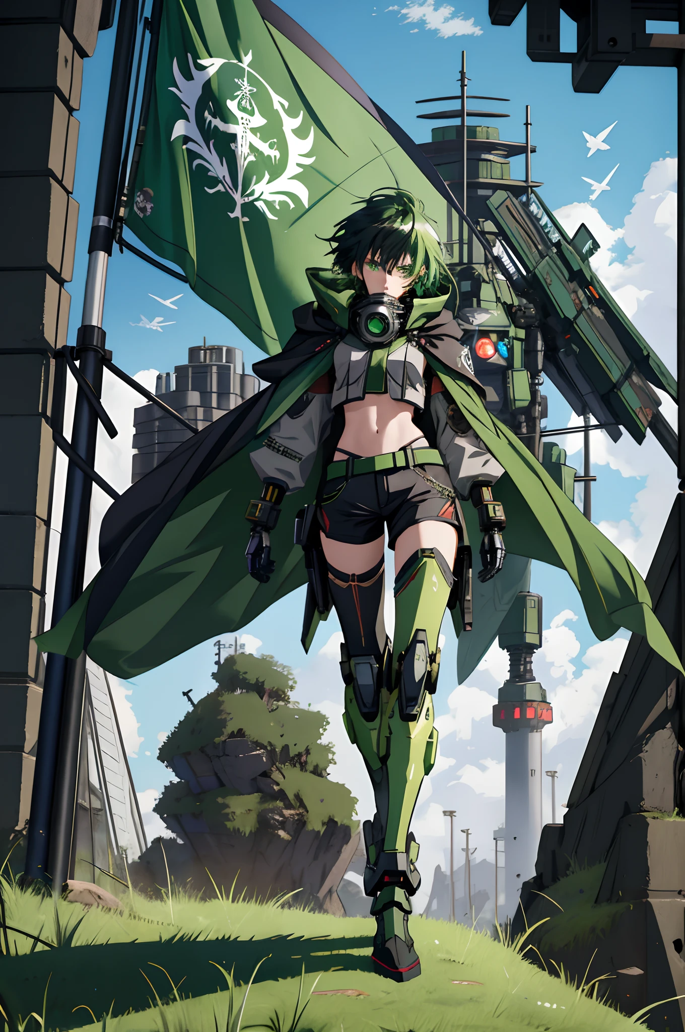 Anime girl standing on the ground，Black cape and green hair, rogue anime girl, the anime girl is crouching, Wearing a cloak on the blasted plain, asuka suit under clothes!, holy cyborg necromancer girl, badass posture, mechanic punk outfit, anime styled 3d, render of a cute 3d anime girl, gapmoe yandere grimdark, Female character，musculature，Glowing green eyes，Black hair with green gradient，short detailed hair，Bunched hair，Dull hair，（1.5）Tomboyish，Be red in the face，looking at viewert，There was a mech next to her，One-eyed mech，The mech extends its shield to protect her，Round shield，Humanoid mech，Elaborate Eyes，The left leg is mechanical，Combat posture，Green bandeau，Black hot pants，Tall girls，By mecha，Mermaid line，huge tit，1.5，Fluttering cape，Take off your gas mask，Flag with coat of arms，Yingqi royal sister