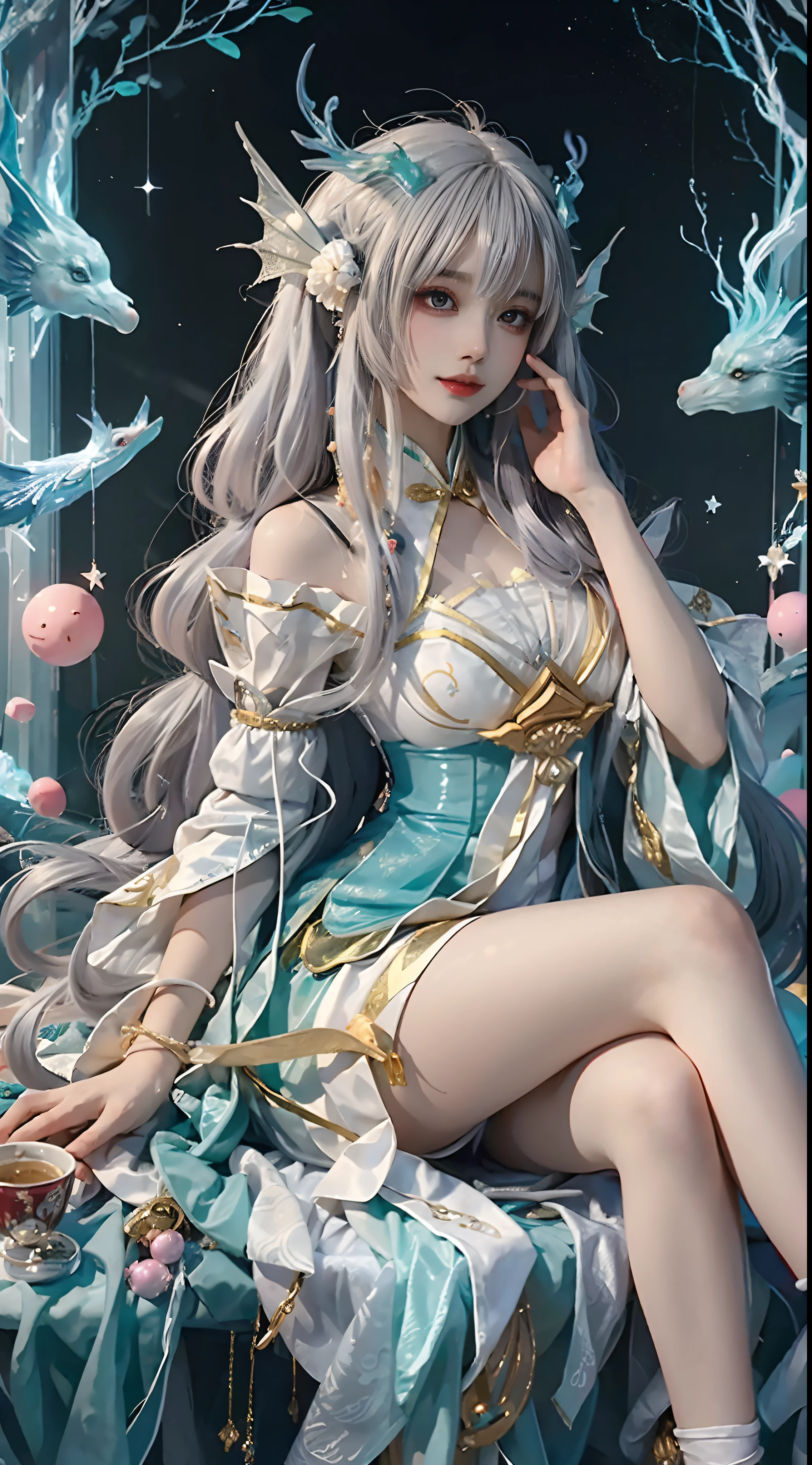 Beautiful celestial mage，Amazing young ethereal characters，shaxi，A flowing magic robe，White Hanfu，xianxia fantasy，Beauty Delfin，Ethereal fantasy，Elegant and charming cosplay，one-girl，((sitted))，Bend your legs，((Top-down view))，Feminine and colorful，It's tumultuous，Hands relax naturally，nighttime scene，Lots of neon