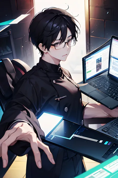 Anime boy, black hair, black eyes, wearing glasses, using a computer.