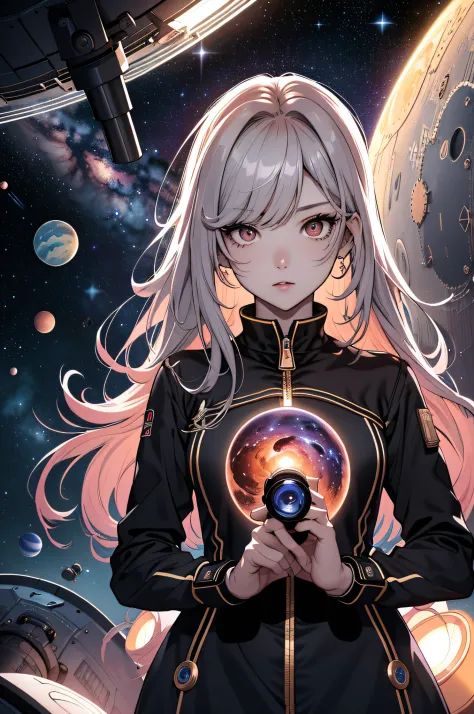 best quality, (masterpiece), Ultra-detailed, (novel illustration:1.2), (korean webtoon style:1.2), (bold line), (highres:1.2), dramatic light, 1girl, observatory, looking at space through long Telescope, space, planets, falling stars, light lines among pla...