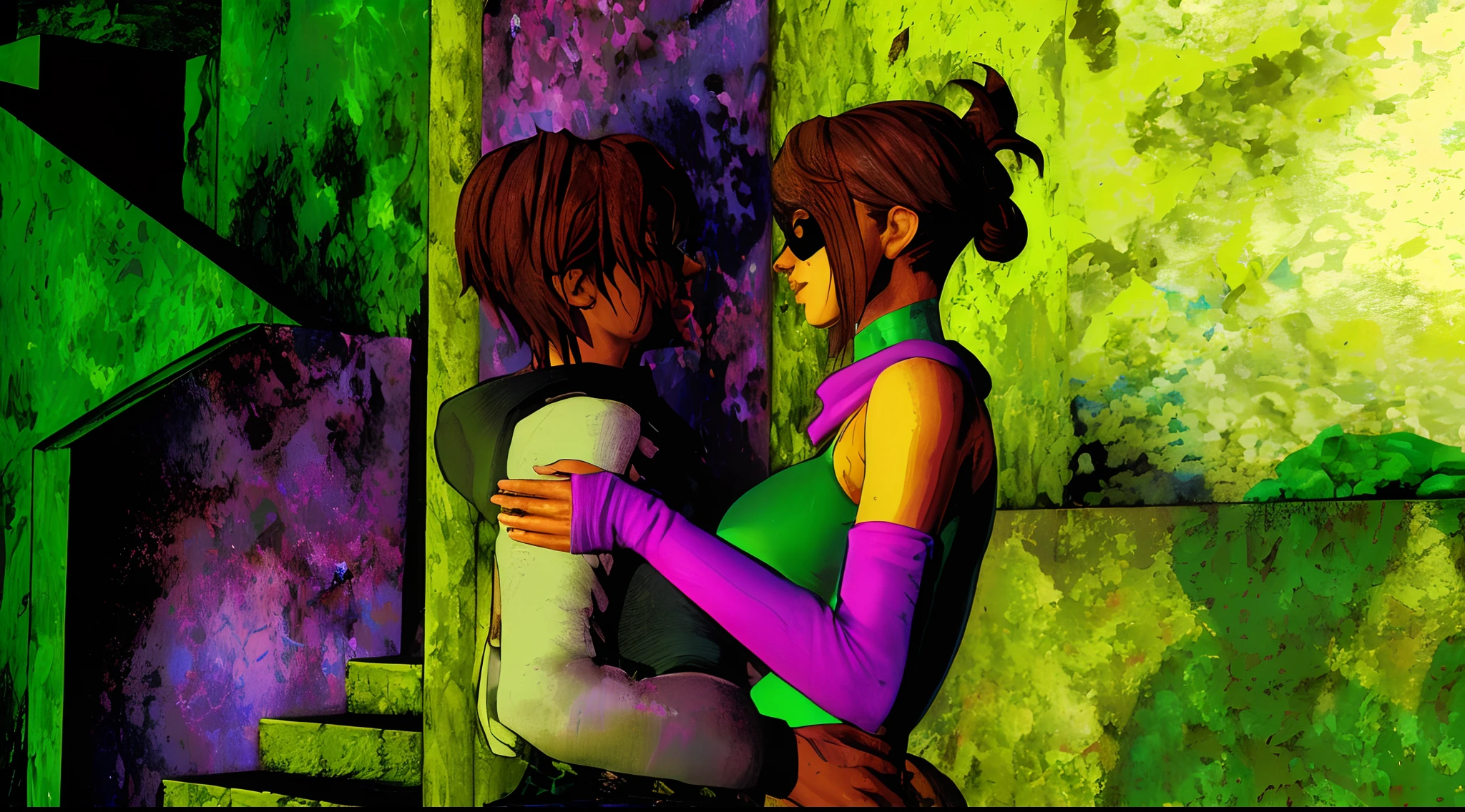 Anime couple hugging in a green room with a green wall - SeaArt AI