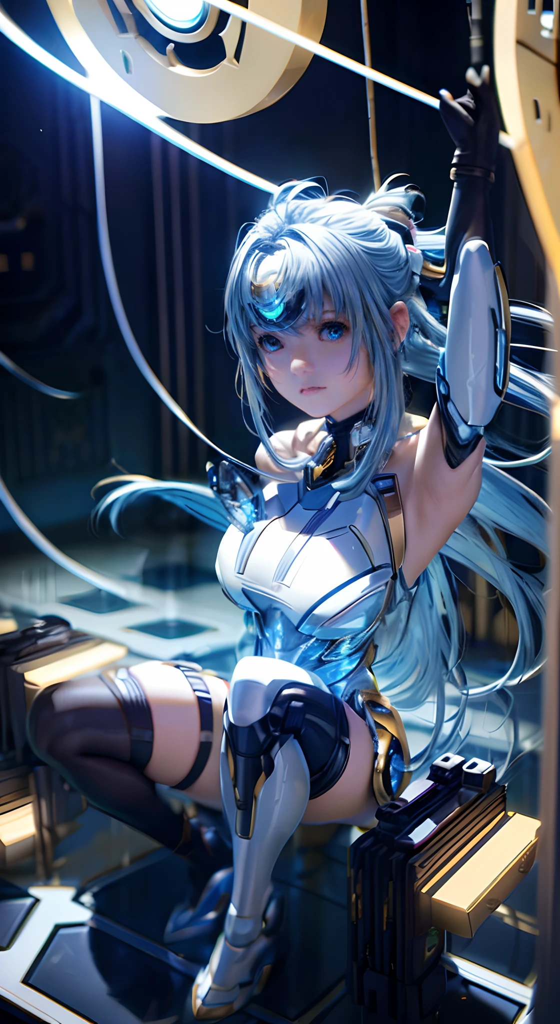 top-quality、​masterpiece、超A high resolution、(Photorealsitic:1.4)、女の子1人、Light blue hair、Straight hair, shiny and clean hair、White shiny skin、Sexy Cyberpunk Girl、((super realistic details))、Shadow、octan render、ultrasharp、hyperdetailed face、Fiberglass、Luminous tube、highly intricate detail、Realistic light、CGSoation Trends、((Golden Eyes))、(Facing the camera)、neon details、Mechanical limbs、Mechanical vertebrae attached to the back、mechanical cervical attaching to neck、Wires and cables connecting to the head、((valkyrie))、((Beam Cannon))、Combat stance