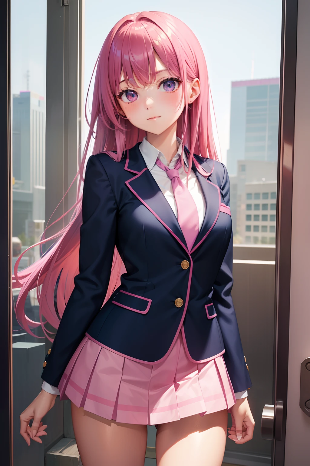 High School Girl, Dark blue blazer, Pink super mini skirt, Pink tie, knee high socks, Long pink hair, Solo, academy、rainbows、brilliance、full bodyesbian, Looking at Viewer, Front view,