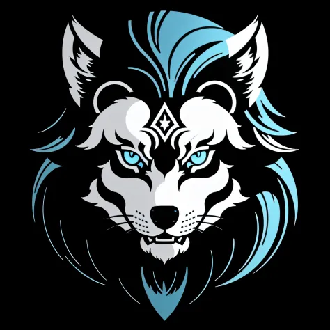 A detailed illustration face wolf,magic, esports, ((glowing blue)), howling, shield shaped logo, #47DEFF hex, dark blue second color,  soccer logo, dark, ghotic, t-shirt design, in the style of Studio Ghibli, pastel tetradic colors, 3D vector art, cute and...