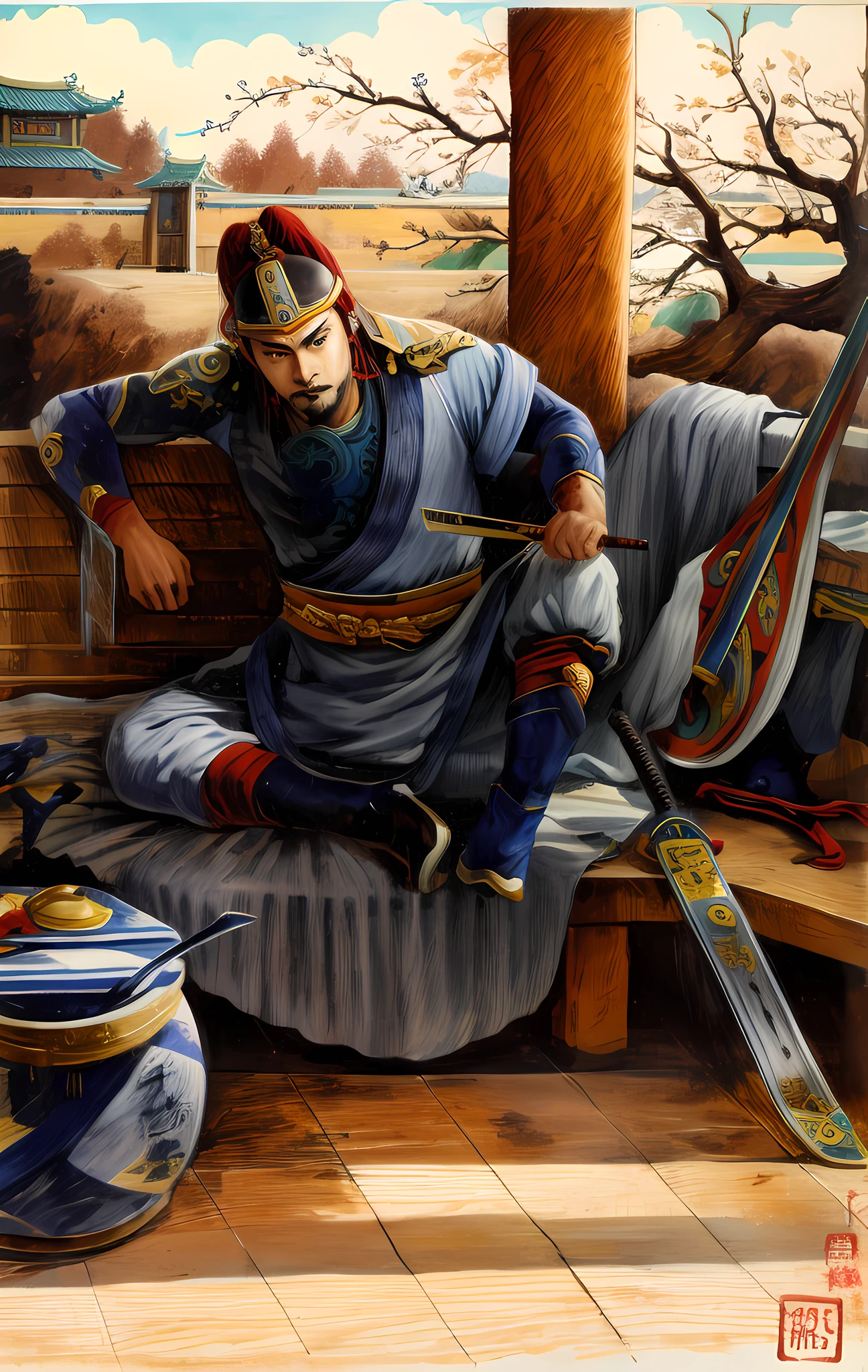 Draw a Song Dynasty warrior sitting on a bench with a fan, Inspired by Chen Danqing, Chinese Warrior，author：Zhang Daqian was inspired by Yang Borun, Fanart, by Ni Yuanlu, Inspired by De Dunbang, inspired by Wang Jian, author：Chen Danqing, inspired by Lu Zhi, author：Yoon Du-seop, atlantean warrior, inspired by Li Kan, tai warlord, epic full color illustration, Snoop dogs as barbarians, ancient warrior, Chinese Warrior, naranbaatar ganbold, Bandits, zhangfei