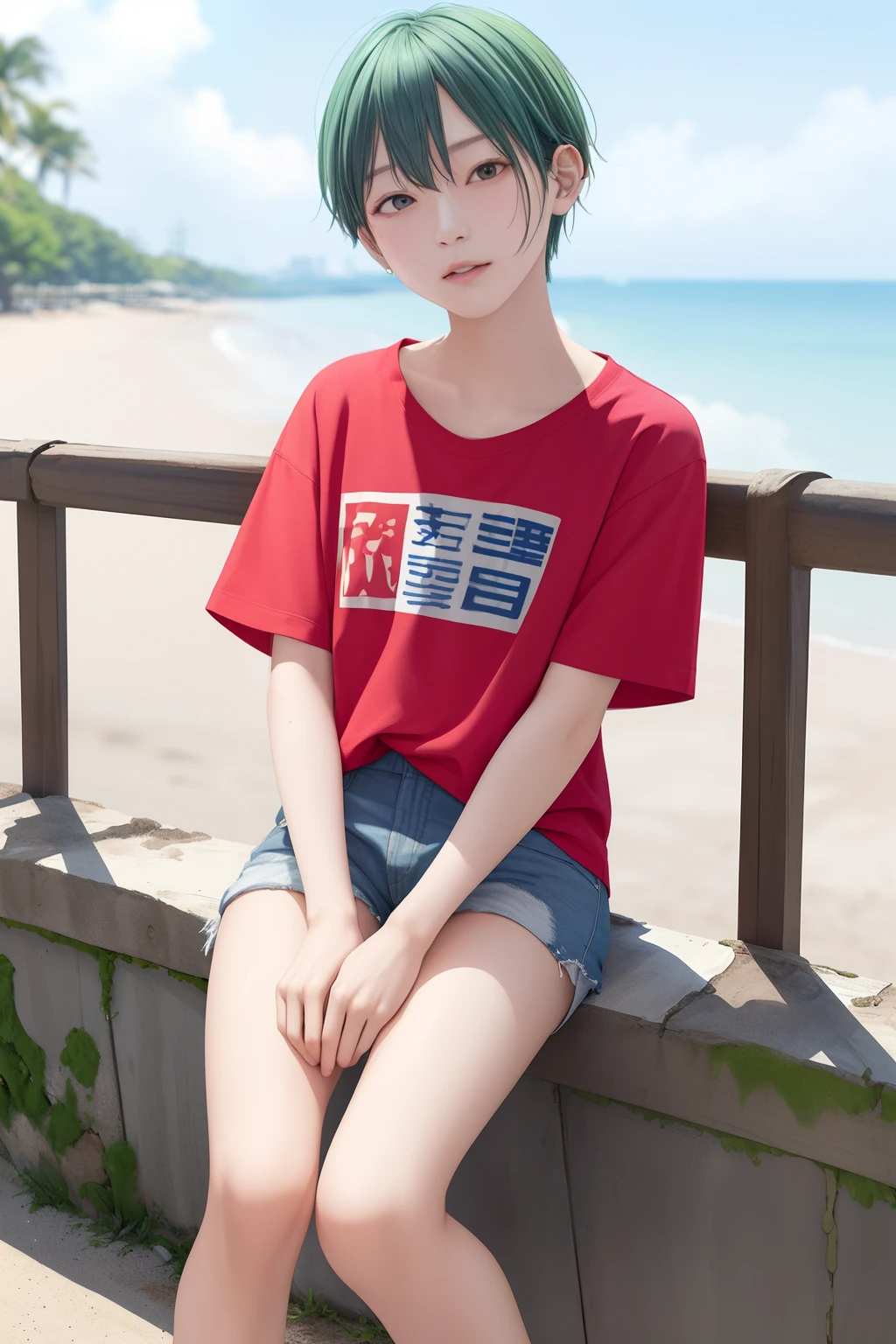 FULL BODYSHOT、an oil painting、​masterpiece、top-quality、hight resolution、green and blue hair、Very Shorthair、Red T-shirt、Short sleeve T-shirt、Union Jack Print T-Shirt、Small、Sweaty skin、shores、Beach、blue-sky、long and beautiful legs、Small eyes、Sauce order、Narrow-eyed、Clear look、Short、half-pants、Beach、Bored face、Bright red shirt、the tips of the hair are yellow