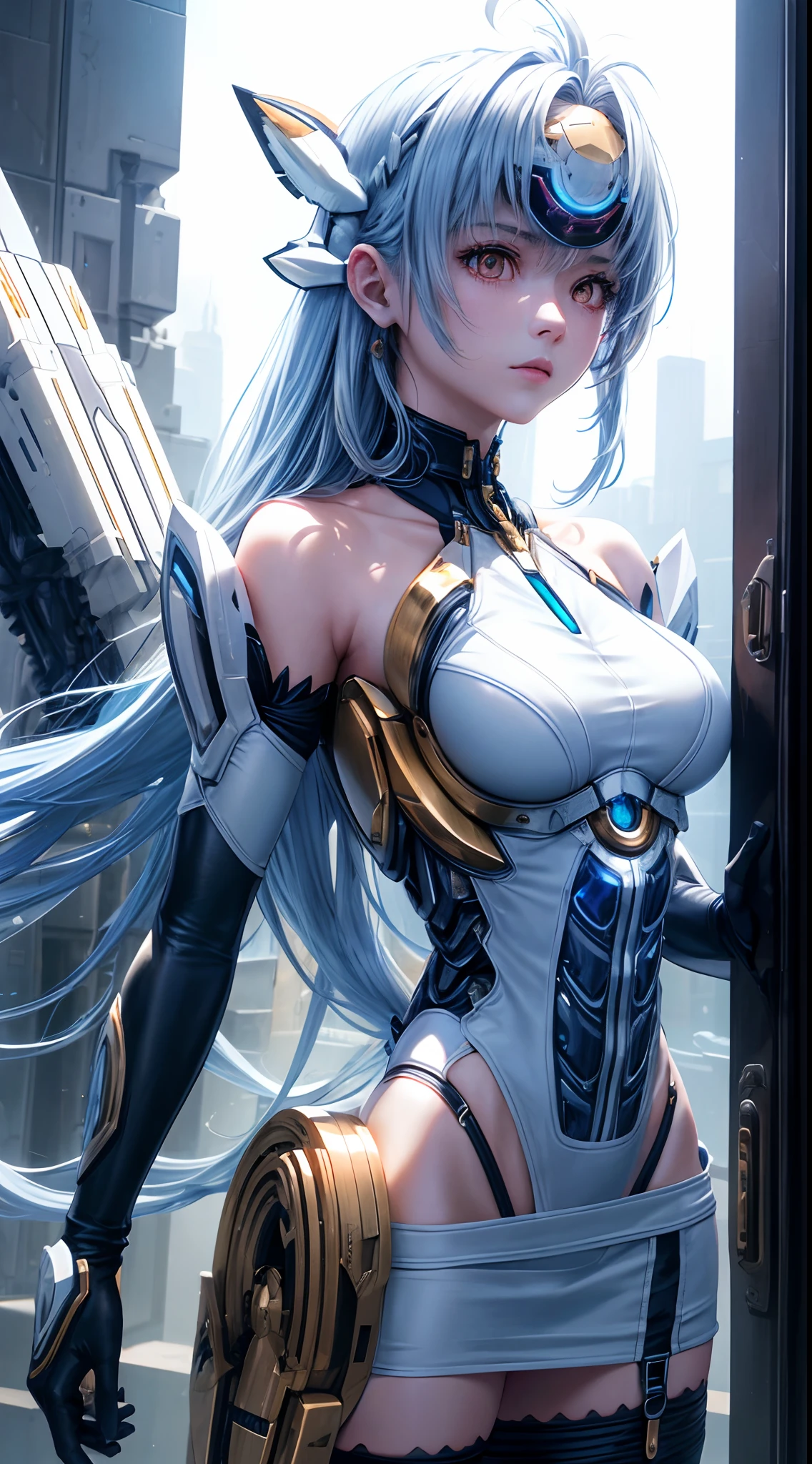 top-quality、​masterpiece、超A high resolution、(Photorealsitic:1.4)、女の子1人、Light blue hair、Straight hair, shiny and clean hair、White shiny skin、Sexy Cyberpunk Girl、((super realistic details))、Shadow、octan render、ultrasharp、hyperdetailed face、Fiberglass、Luminous tube、highly intricate detail、Realistic light、CGSoation Trends、((Golden Eyes))、(Facing the camera)、neon details、Mechanical limbs、Mechanical vertebrae attached to the back、mechanical cervical attaching to neck、Wires and cables connecting to the head、((valkyrie))、((Beam Cannon))、Combat stance