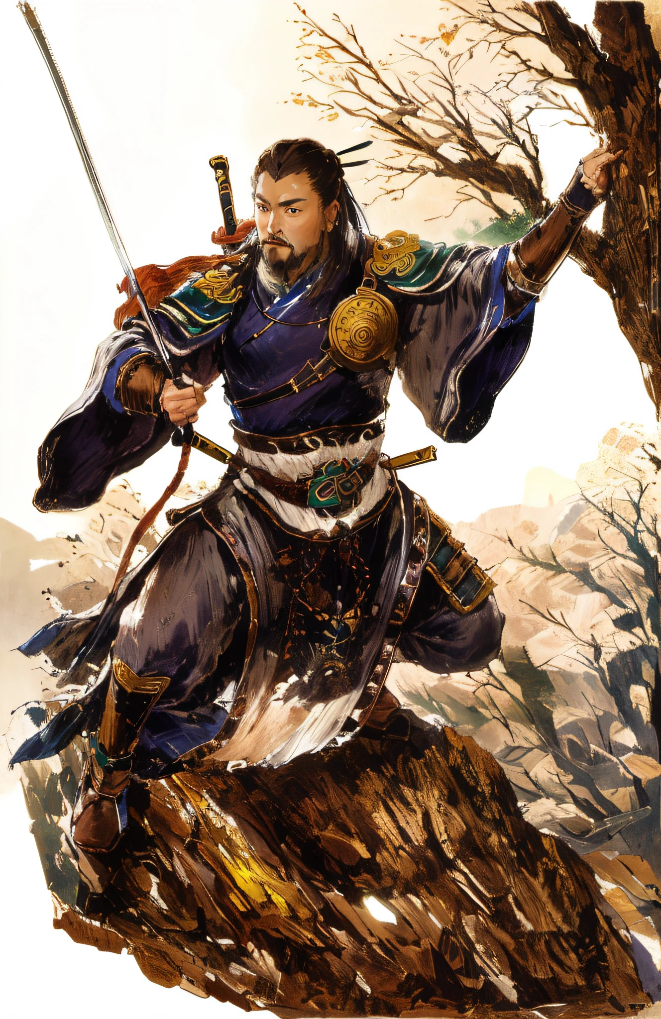 Draw one standing on the edge of a cliff，A warrior of the Song Dynasty climbing with a rope, Carrying a sword Chinese warrior, epic full color illustration, Inspired by Chen Danqing, The feeling comes from Shen Quan, Guan yu, Inspired by De Dunbon, Inspired by Hu Zaobin, inspired by Zhu Derun, Inspired by Huang Shen, inspired by Li Rongjin, Inspired by Shen Zhou，inspired by Yang Borun, Fanart, by Ni Yuanlu, inspired by Wang Jian, author：Chen Danqing, inspired by Lu Zhi, author：Yoon Du-seop, atlantean warrior, inspired by Li Kan, tai warlord, Snoop dogs as barbarians, ancient warrior, naranbaatar ganbold, Bandits, zhangfei