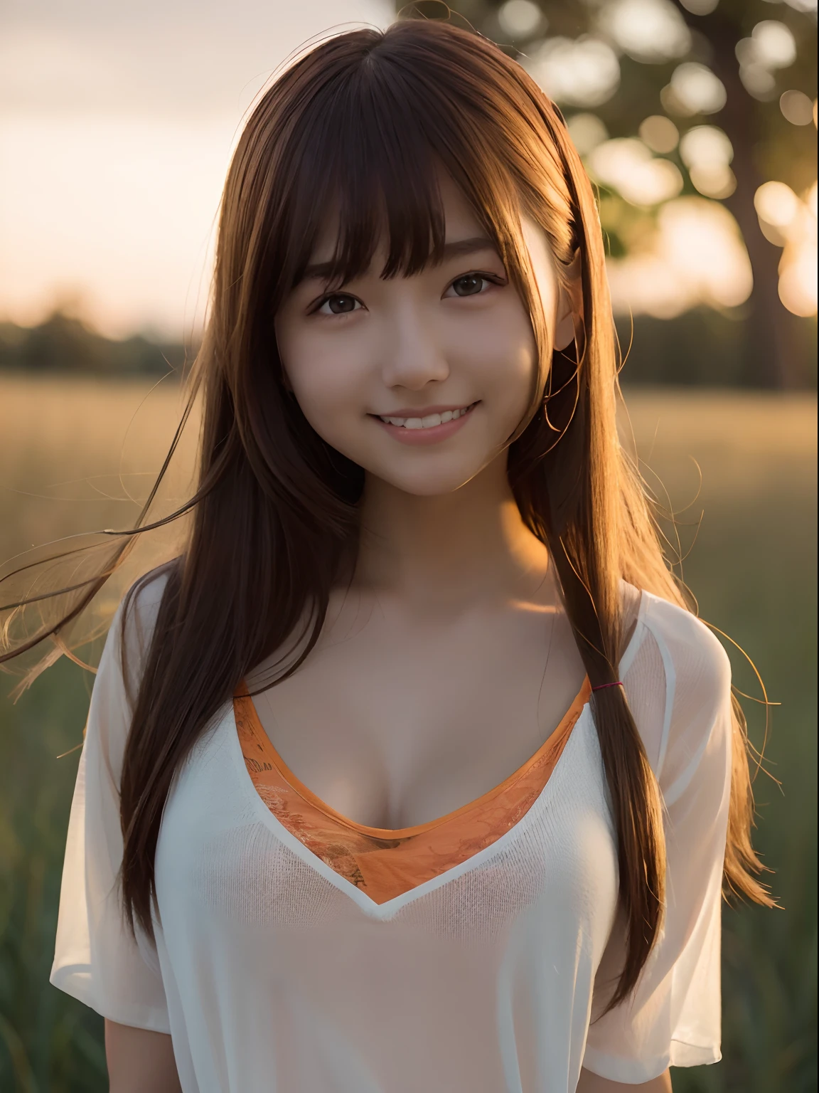 adolable，年轻，Fashionab，dual horsetail，brown haired、One girl、17 year old girl、Happy smile、B cup breasts、Orange sunset、Sheer T-shirt、Autumn steppe