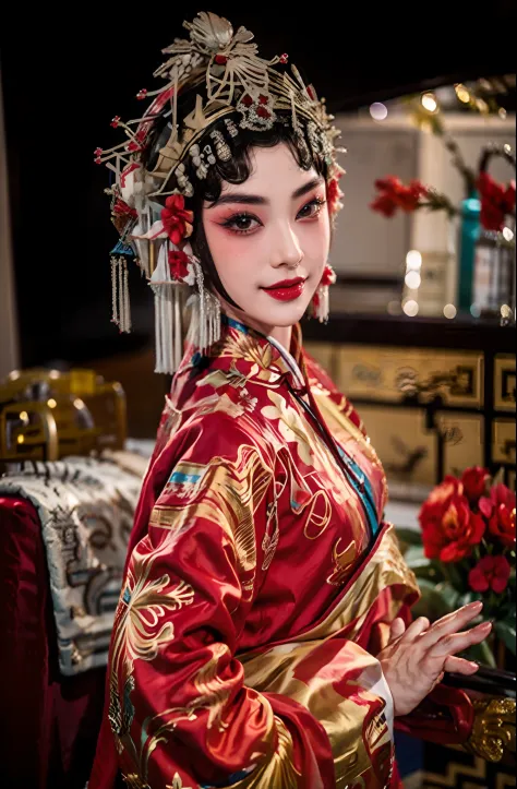 1girll，red and gold dress，sface focus，（peking opera half noodles：1.2），（clear  eyes：1），（tmasterpiece，top-quality，best qualityer，o...