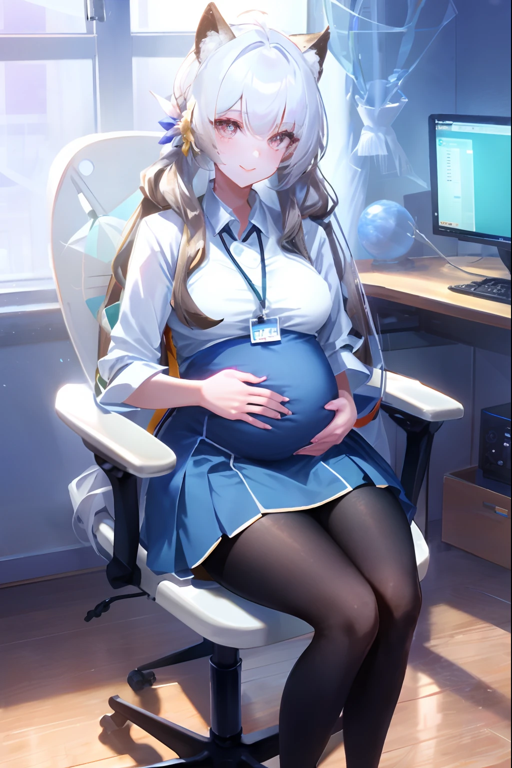 Anime girl sitting in a chair with a cat ears on her head SeaArt AI