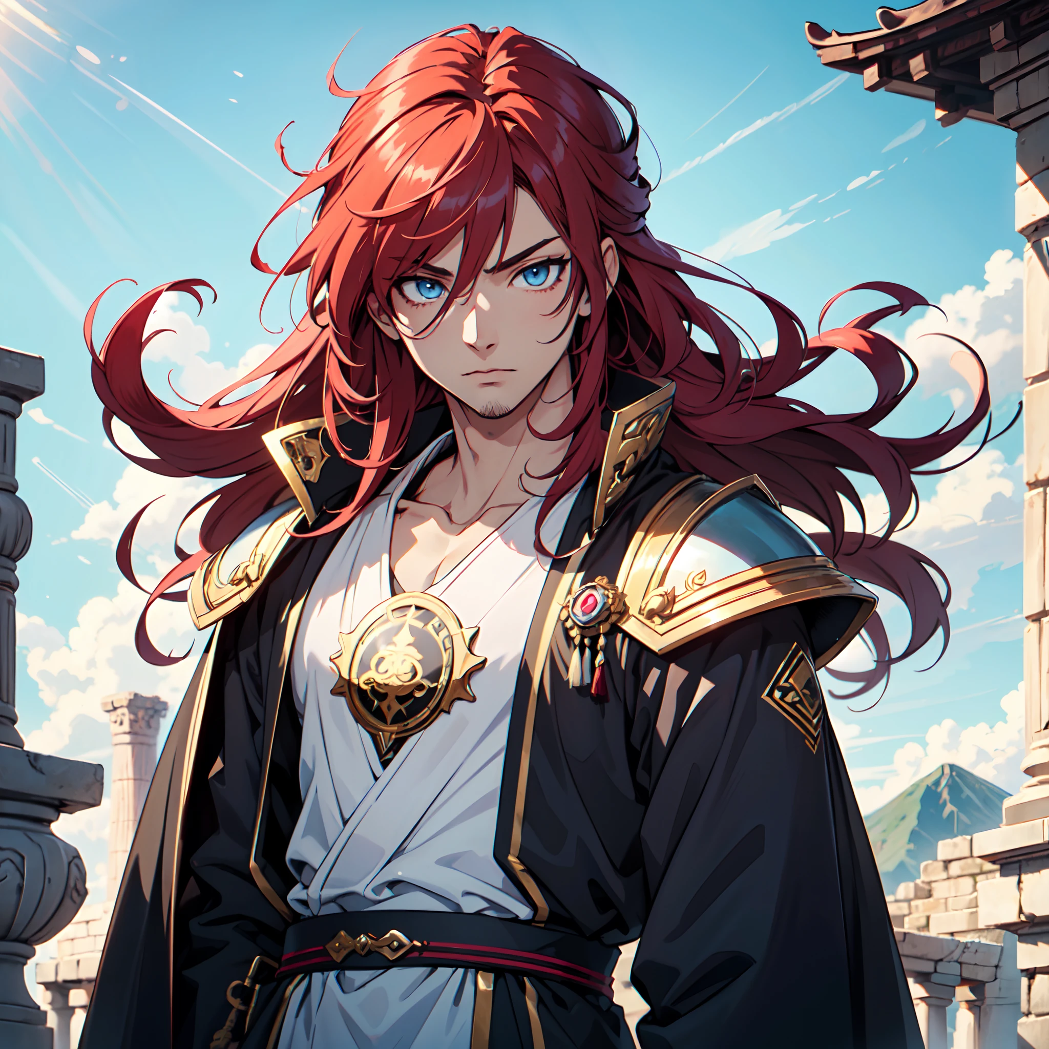 A close up of a person with red hair and a sword - SeaArt AI