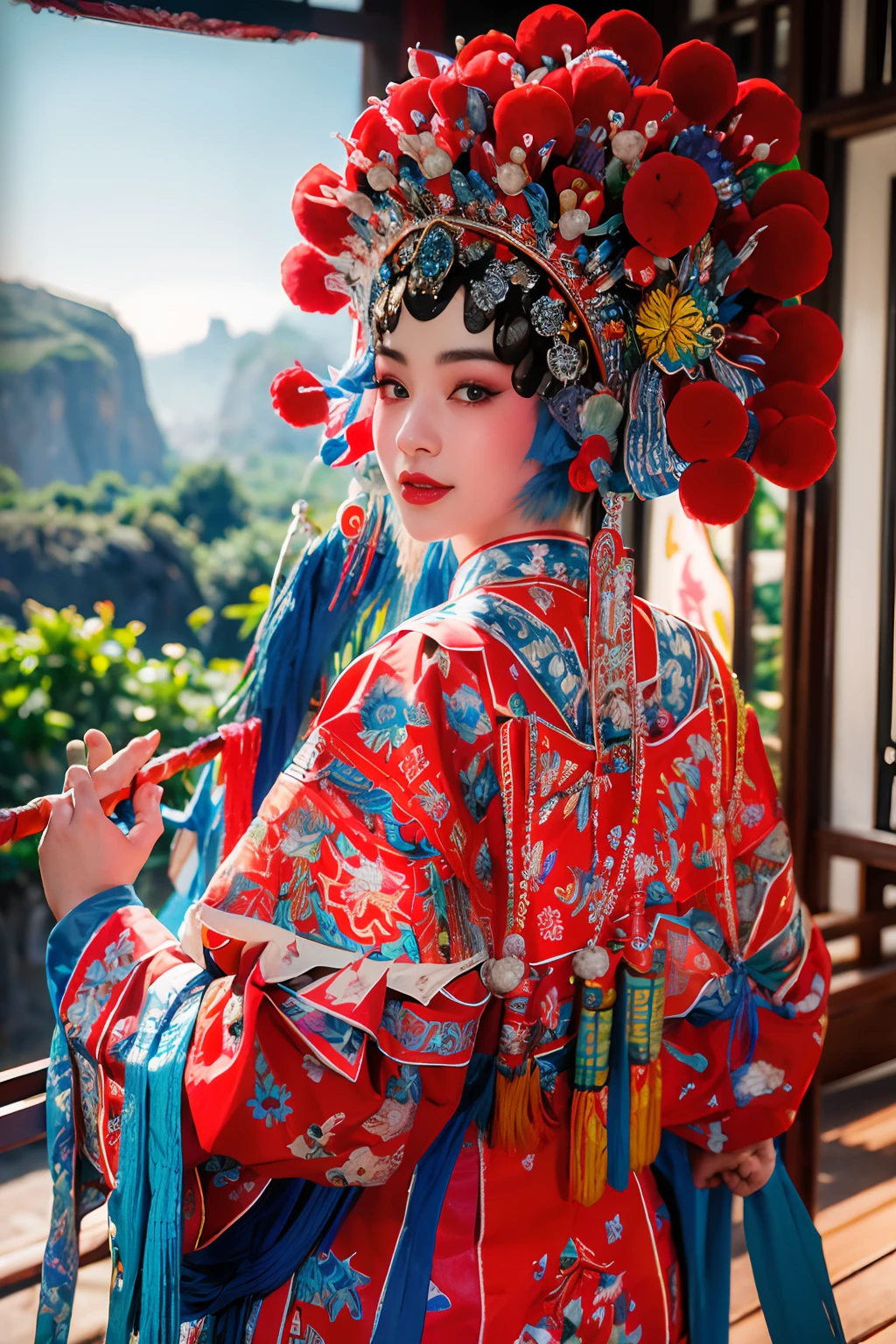 8K，RAW photos，best qualtiy，tmasterpiece，realisticlying，photograph realistic，ultra - detailed， 1 girl，CNOperaCrown，solo，sportrait， Peking Opera costumes，looking at viewert， ssmile， Keep one's mouth shut， From the front， putting makeup on， head gear， （（（CNOperaFlag）））， The flag is from behind，  The upper part of the body， nipple tassels，florals，（Daumadan：1.4），（simple backgound：1.5），