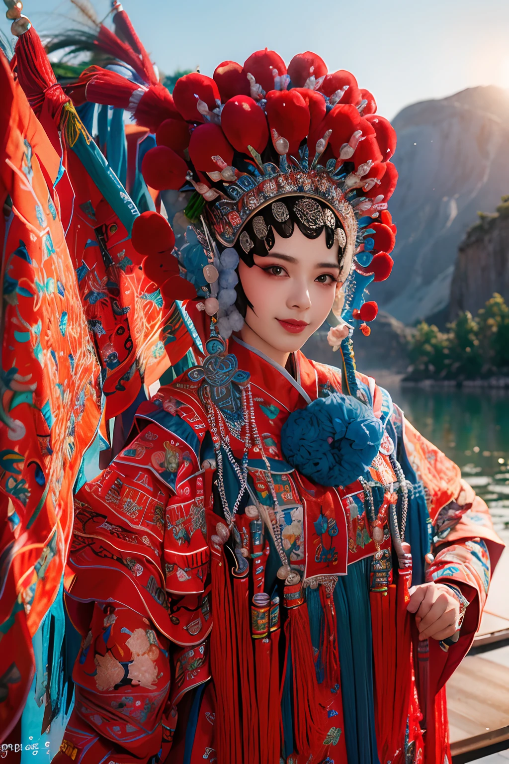 8K，RAW photos，best qualtiy，tmasterpiece，realisticlying，photograph realistic，ultra - detailed， 1 girl，CNOperaCrown，solo，sportrait， Peking Opera costumes，looking at viewert， ssmile， Keep one's mouth shut， From the front， putting makeup on， head gear， （（（CNOperaFlag）））， The flag is from behind，  The upper part of the body， nipple tassels，florals，（Daumadan：1.4），（simple backgound：1.5），