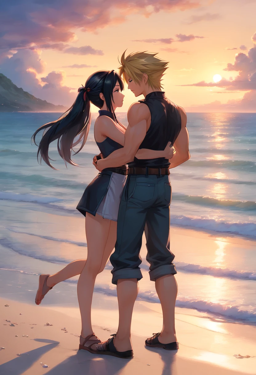 A couple of anime characters hugging on the beach at sunset - SeaArt AI