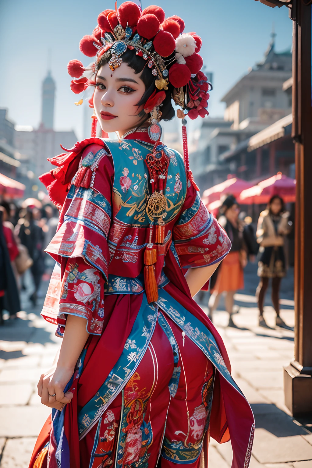 8K，RAW photos，best qualtiy，tmasterpiece，realisticlying，photograph realistic，ultra - detailed， 1 rapariga， CNOperaCrown，独奏，sportrait， Peking Opera costumes，looking at viewert， ssmile， From the front， putting makeup on， head gear， （（（CNOperaFlag）））， The flag is from behind， Take it， The upper part of the body， nipple tassels，（Daumadan：1.4），Stage background，