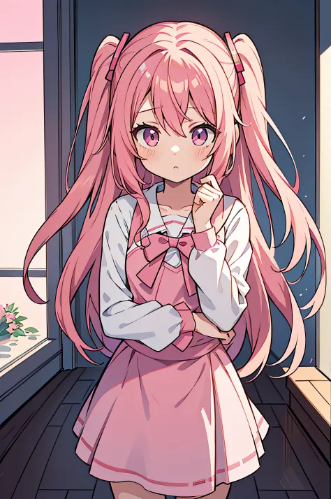 a woman with pink hair standing in front of a window, anime girl with long hair, yandere. tall, (anime girl), anime moe artstyle...