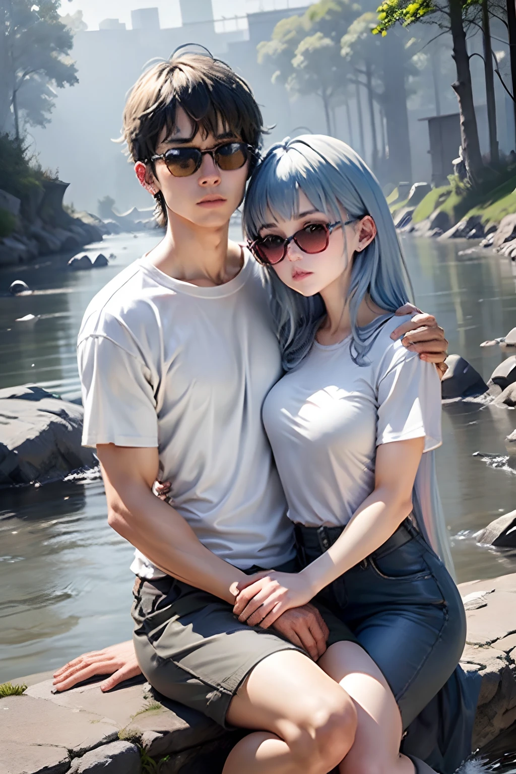 2 young people，squatted by the river，Put your hands on each other's shoulders，There is grass and stones by the river，The man on the left is wearing a white shirt，Wearing sunglasses，The man on the right wears a gray and yellow horizontal striped T-shirt，wears glasses