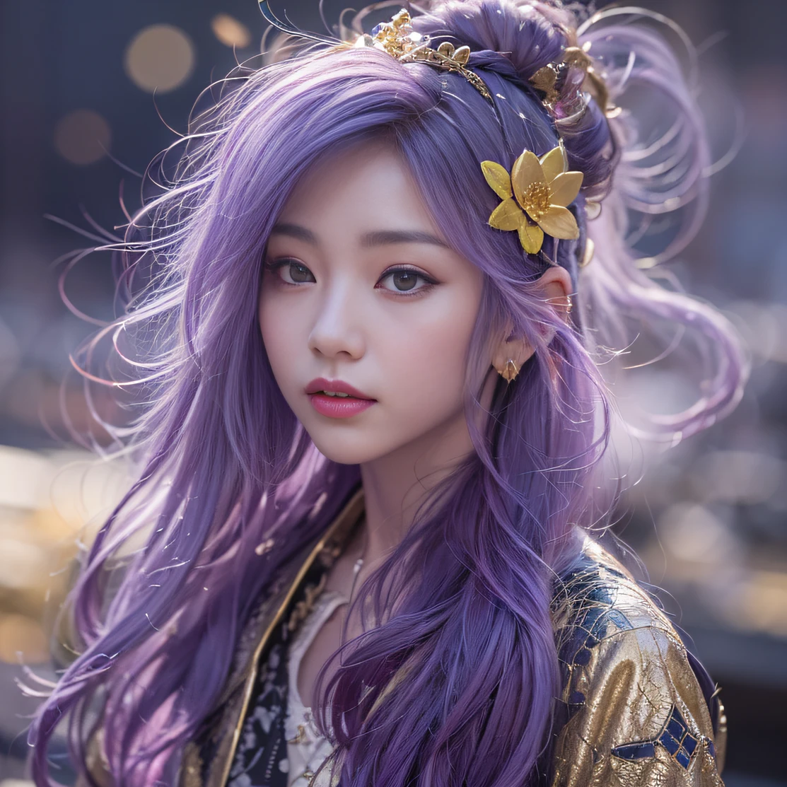 Genki Girl 32k（傑作，高畫質，超高畫質，32k）亮紫色長髮飄逸，秋天的池塘，盛开， 一种颜色， 亚洲人 （元氣少女）， （絲巾）， 战斗姿态， 看着地面， 長白髮， 漂浮的亮紫色， 火雲紋金色頭飾， 中國長袖金絲服裝， （抽像元宇宙飛濺：1.2）， 白色背景，蓮花元氣護身符（現實地：1.4），亮紫色的头发，路上冒煙，背景很純淨， 高解析度， 细节， RAW 照片， 夏普再保险， 尼康 D850 膠卷照片由 Jefferies Lee 拍攝 4 柯達 Portra 400 相機 F1.6 枪, 丰富的色彩, 超逼真生動的紋理, 戲劇性的燈光, 虛幻引擎藝術站趨勢, 西奈斯特800，一個有著長長飄逸亮紫色頭髮的女孩